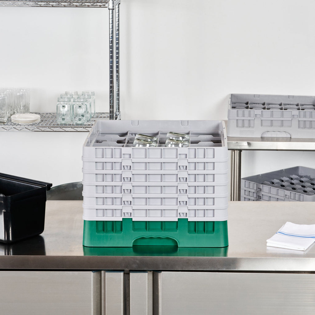 Clean Tek Professional Green Glass Rack - 16 Compartments, 1 Full Drop and 5 Half Drop Extenders - 19 3/4" x 19 3/4" x 13 3/4" - 1 count box