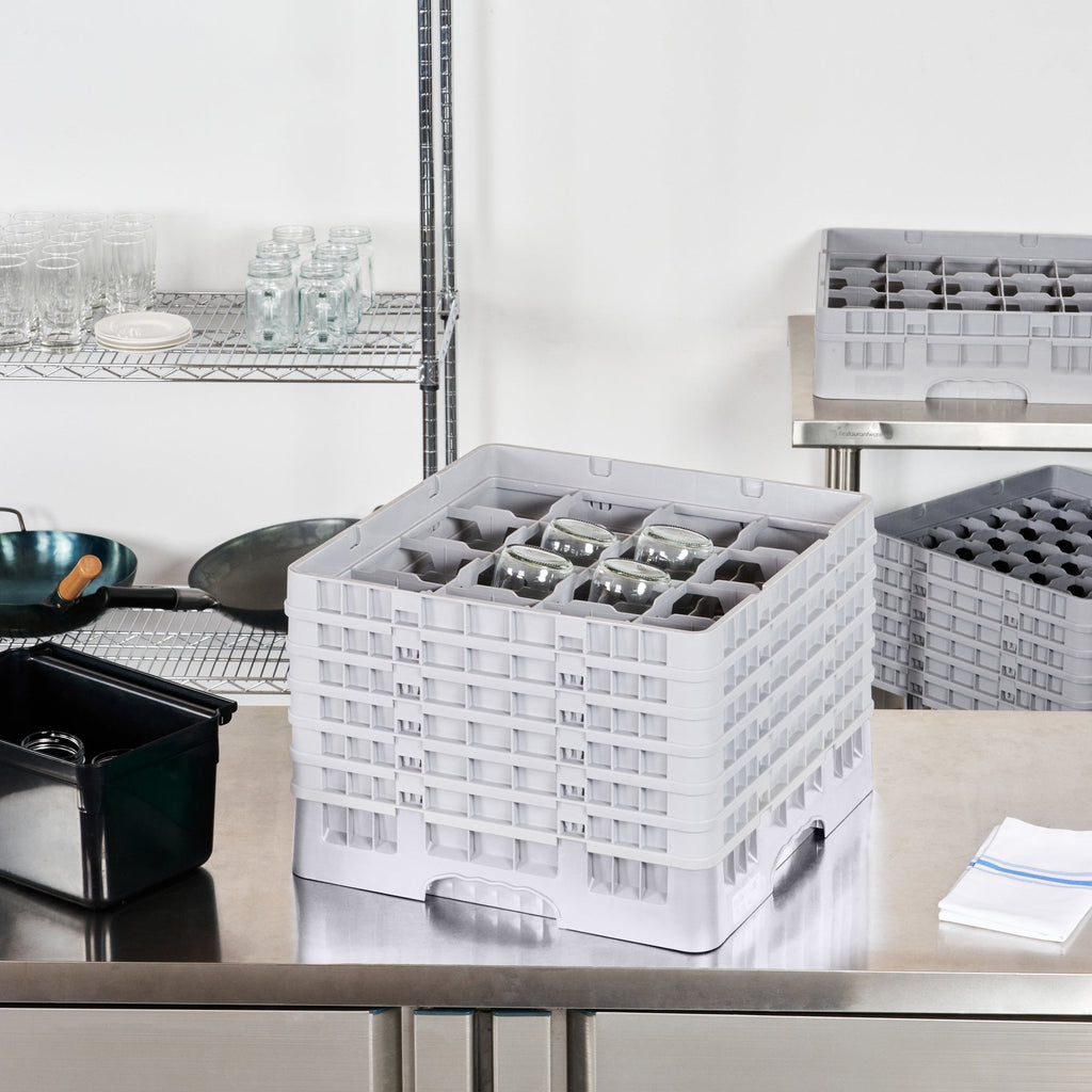 Clean Tek Professional Gray Glass Rack - 16 Compartments, 1 Full Drop and 5 Half Drop Extenders - 19 3/4" x 19 3/4" x 13 3/4" - 1 count box
