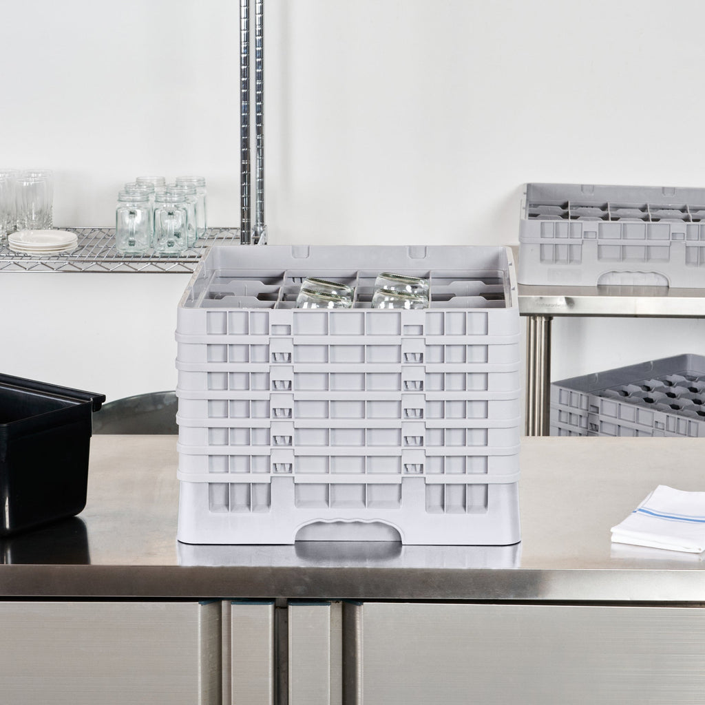 Clean Tek Professional Gray Glass Rack - 16 Compartments, 1 Full Drop and 5 Half Drop Extenders - 19 3/4" x 19 3/4" x 13 3/4" - 1 count box
