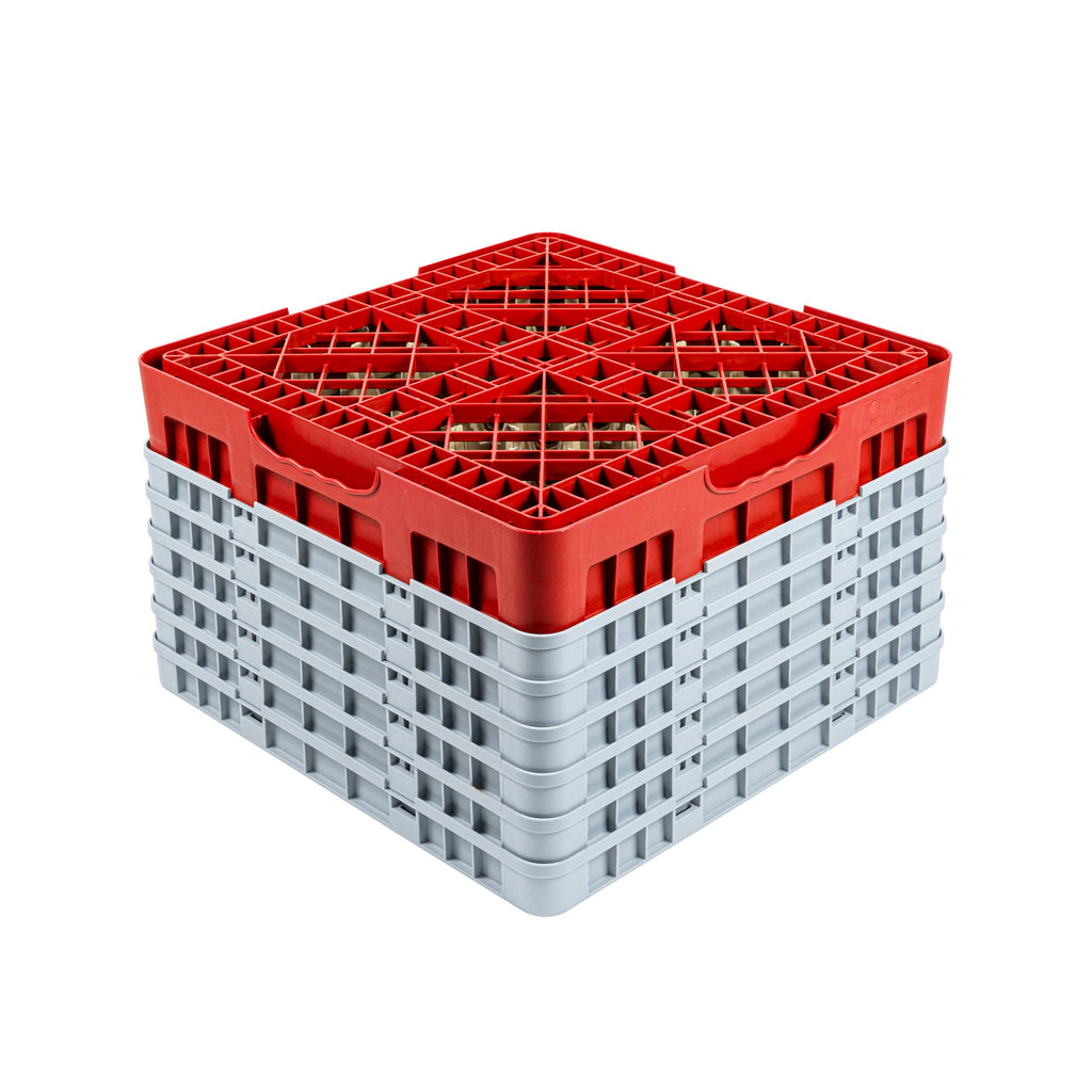 Clean Tek Professional Red Glass Rack - 16 Compartments, 1 Full Drop and 5 Half Drop Extenders - 19 3/4" x 19 3/4" x 13 3/4" - 1 count box