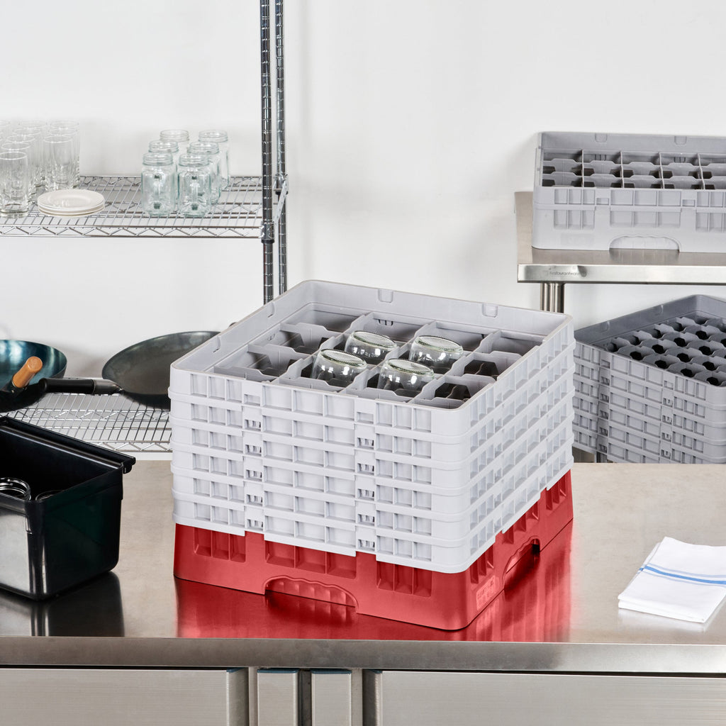 Clean Tek Professional Red Glass Rack - 16 Compartments, 1 Full Drop and 5 Half Drop Extenders - 19 3/4" x 19 3/4" x 13 3/4" - 1 count box