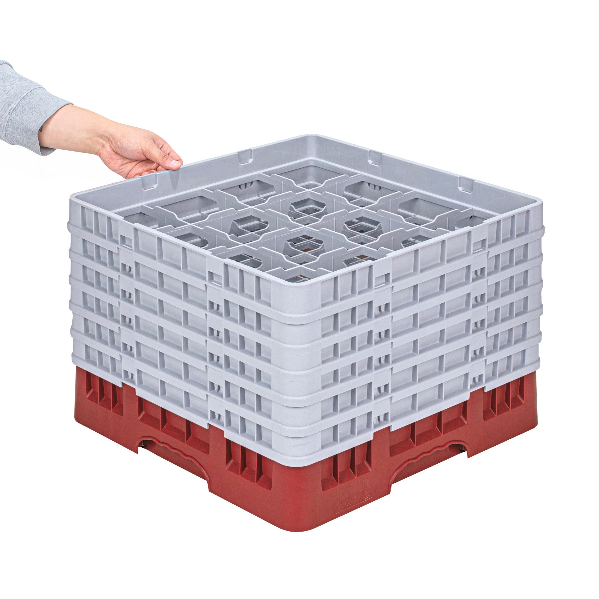 Clean Tek Professional Red Glass Rack - 16 Compartments, 1 Full Drop and 5 Half Drop Extenders - 19 3/4" x 19 3/4" x 13 3/4" - 1 count box