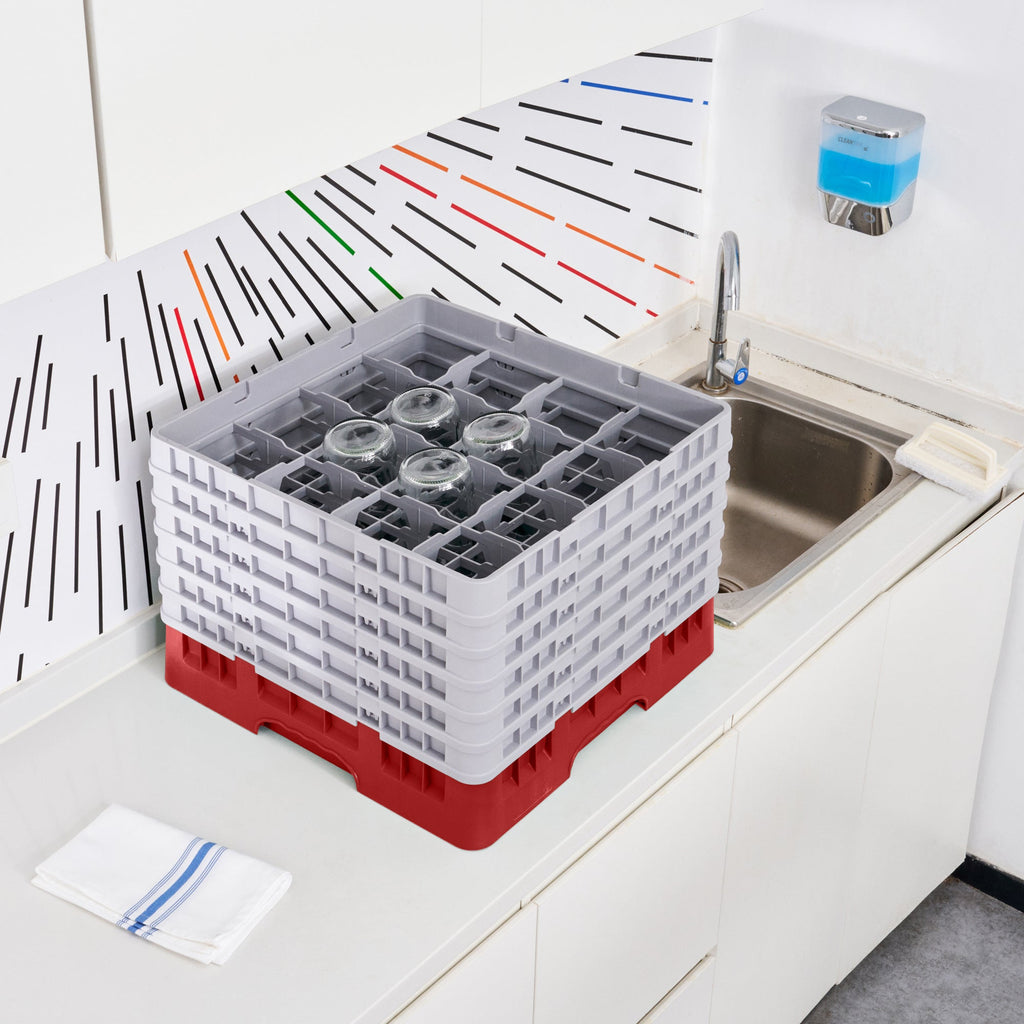 Clean Tek Professional Red Glass Rack - 16 Compartments, 1 Full Drop and 5 Half Drop Extenders - 19 3/4" x 19 3/4" x 13 3/4" - 1 count box