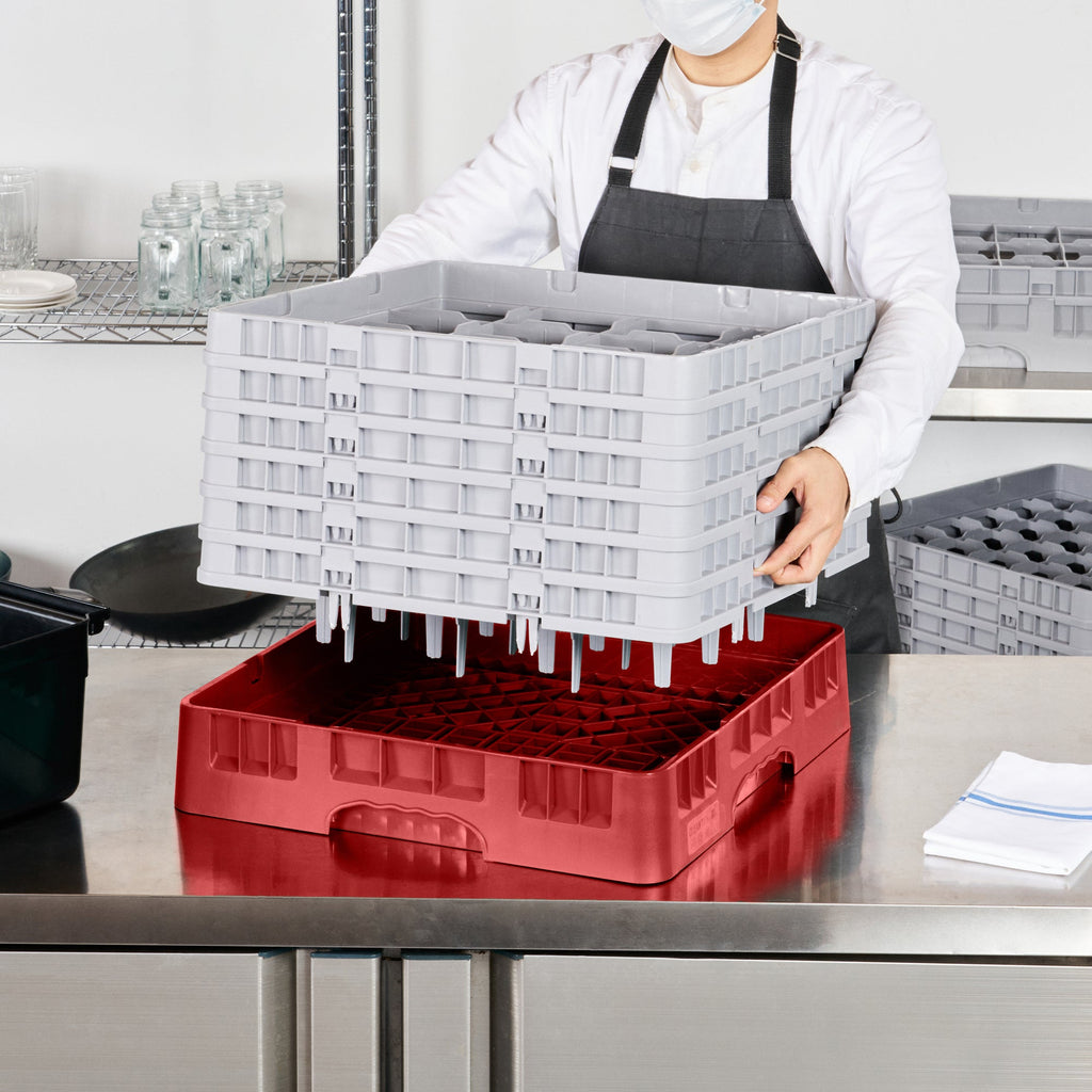 Clean Tek Professional Red Glass Rack - 16 Compartments, 1 Full Drop and 5 Half Drop Extenders - 19 3/4" x 19 3/4" x 13 3/4" - 1 count box