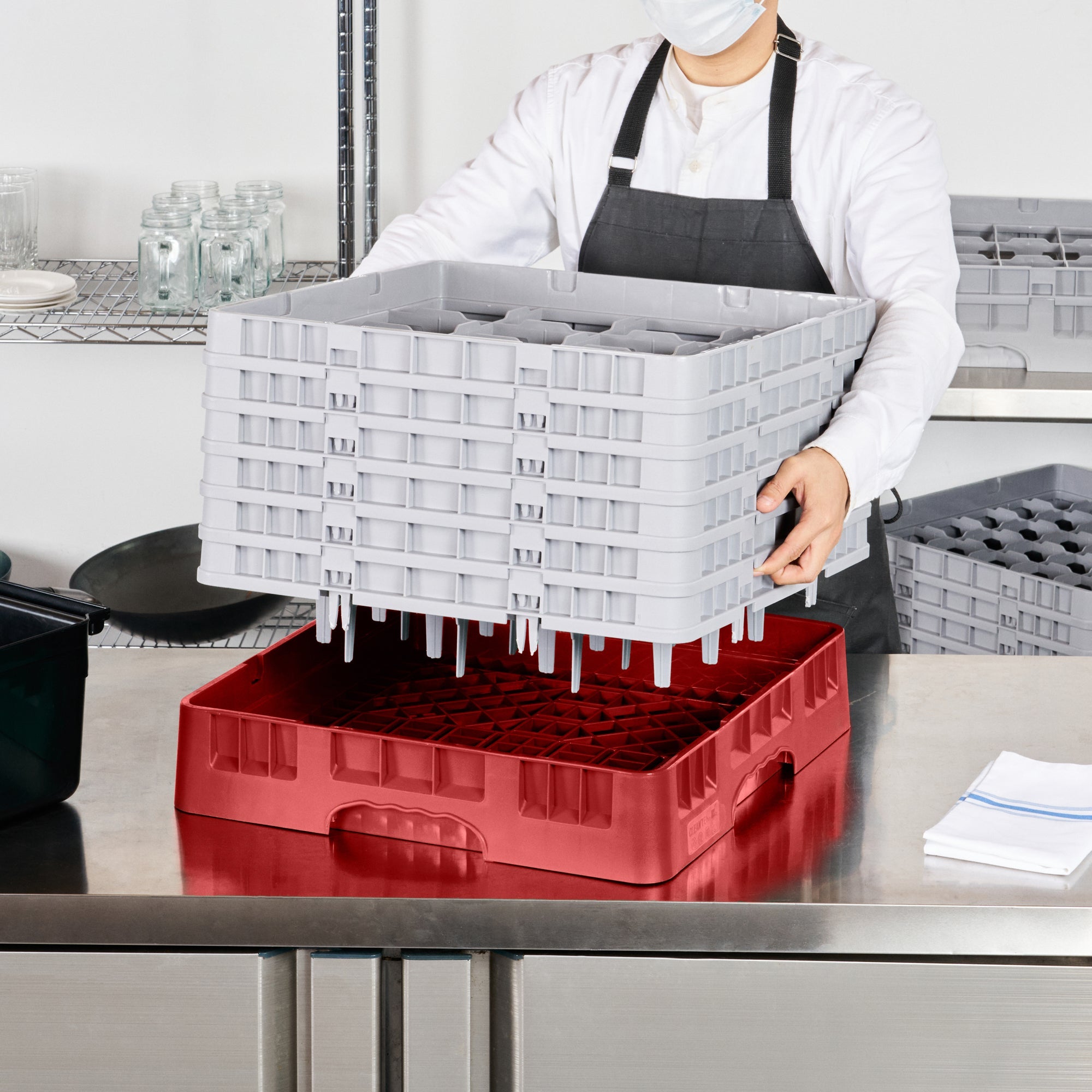 Clean Tek Professional Red Glass Rack - 16 Compartments, 1 Full Drop and 5 Half Drop Extenders - 19 3/4" x 19 3/4" x 13 3/4" - 1 count box