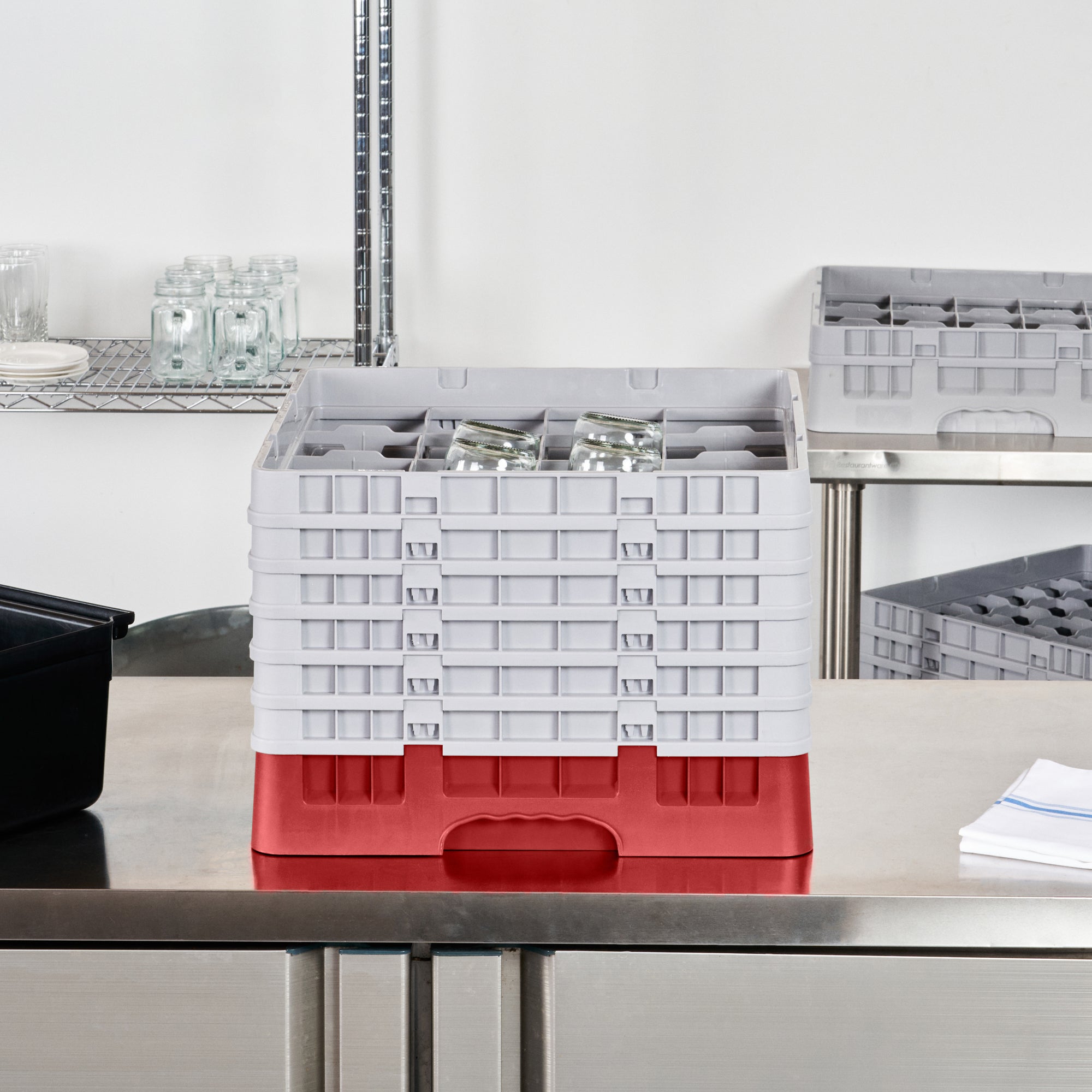 Clean Tek Professional Red Glass Rack - 16 Compartments, 1 Full Drop and 5 Half Drop Extenders - 19 3/4" x 19 3/4" x 13 3/4" - 1 count box