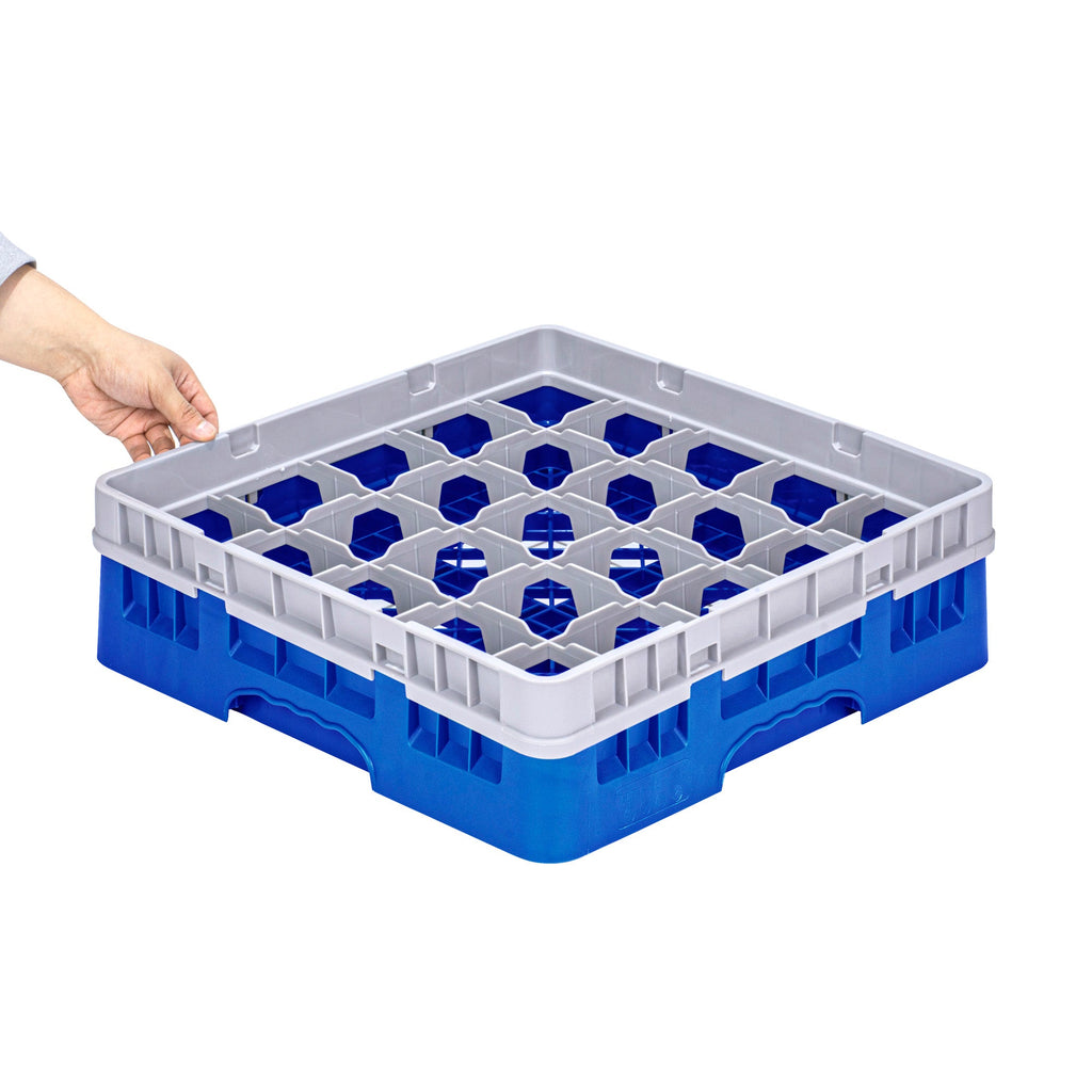 Clean Tek Professional Blue Glass Rack - 25 Compartments, 1 Full Drop Extender - 19 3/4" x 19 3/4" x 5 3/4" - 1 count box