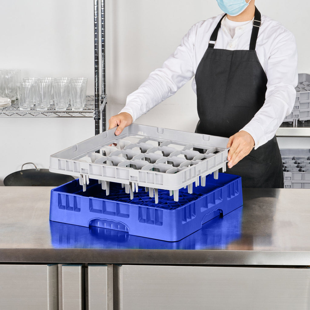 Clean Tek Professional Blue Glass Rack - 25 Compartments, 1 Full Drop Extender - 19 3/4" x 19 3/4" x 5 3/4" - 1 count box