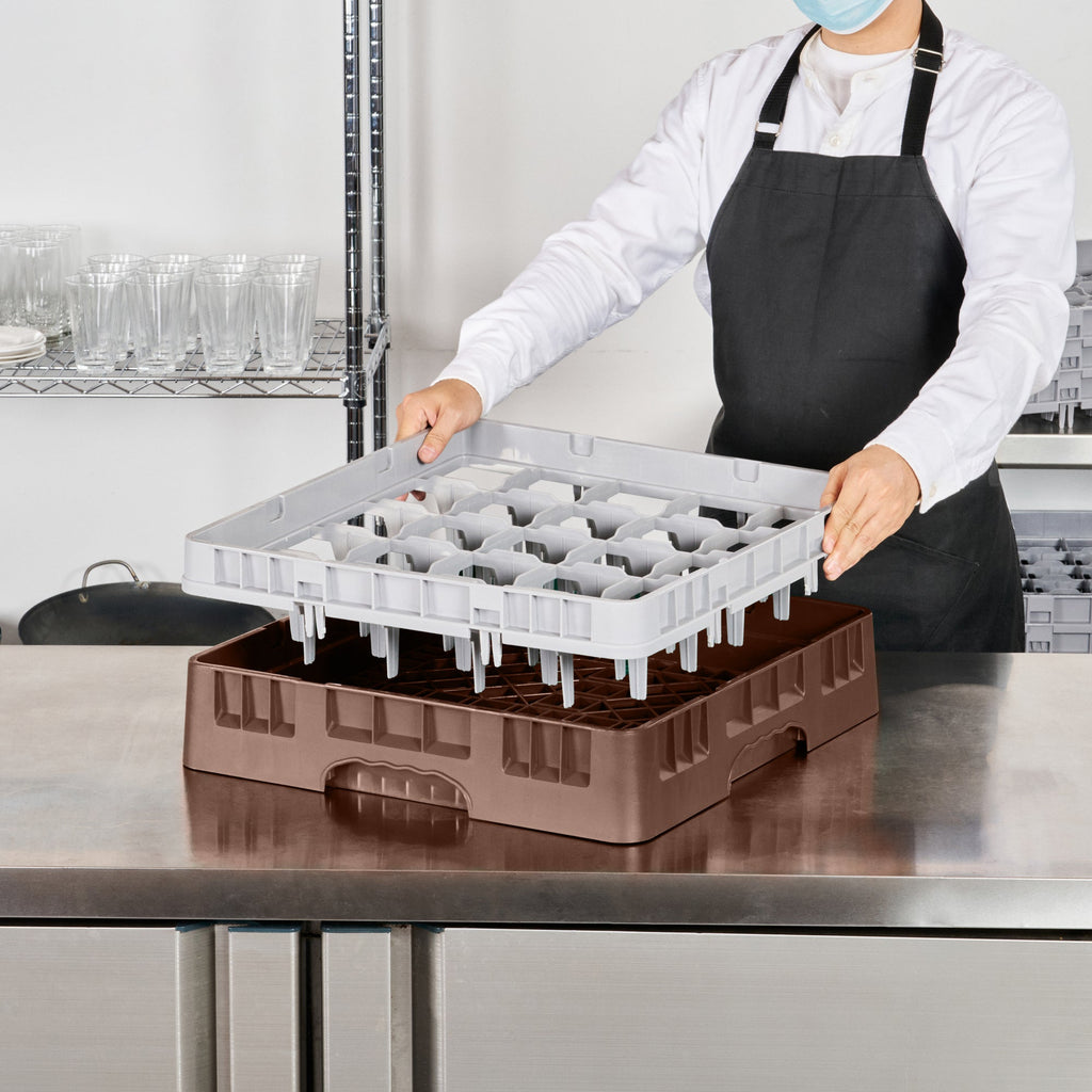 Clean Tek Professional Brown Glass Rack - 25 Compartments, 1 Full Drop Extender - 19 3/4" x 19 3/4" x 5 3/4" - 1 count box