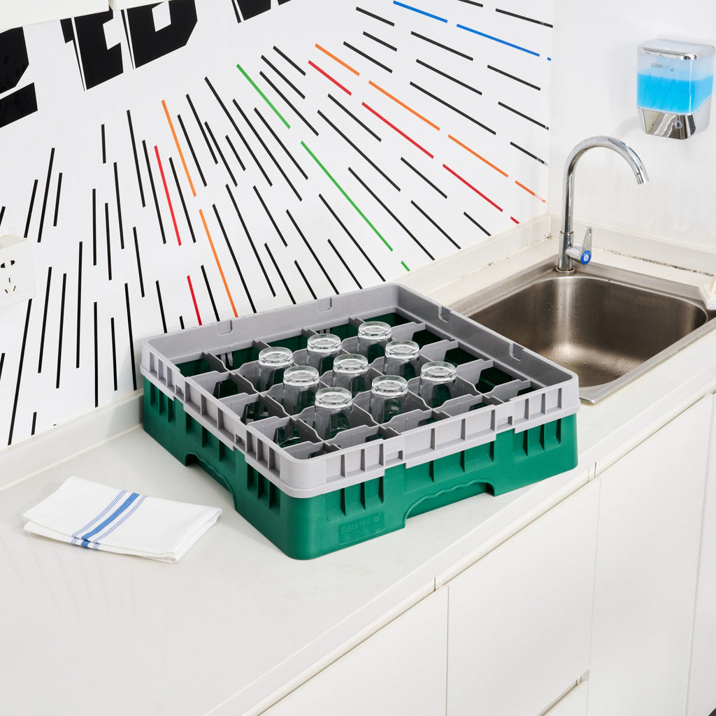 Clean Tek Professional Green Glass Rack - 25 Compartments, 1 Full Drop Extender - 19 3/4" x 19 3/4" x 5 3/4" - 1 count box