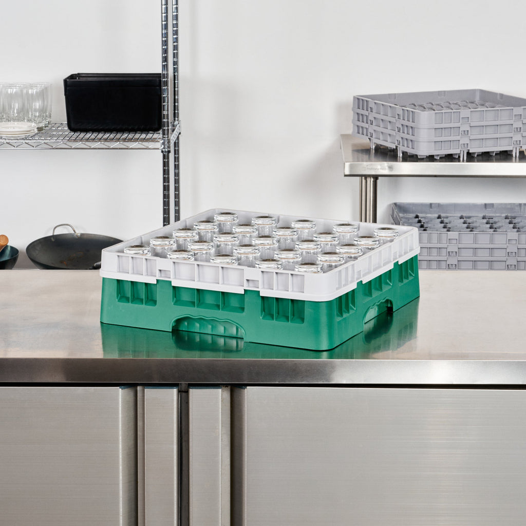 Clean Tek Professional Green Glass Rack - 25 Compartments, 1 Full Drop Extender - 19 3/4" x 19 3/4" x 5 3/4" - 1 count box