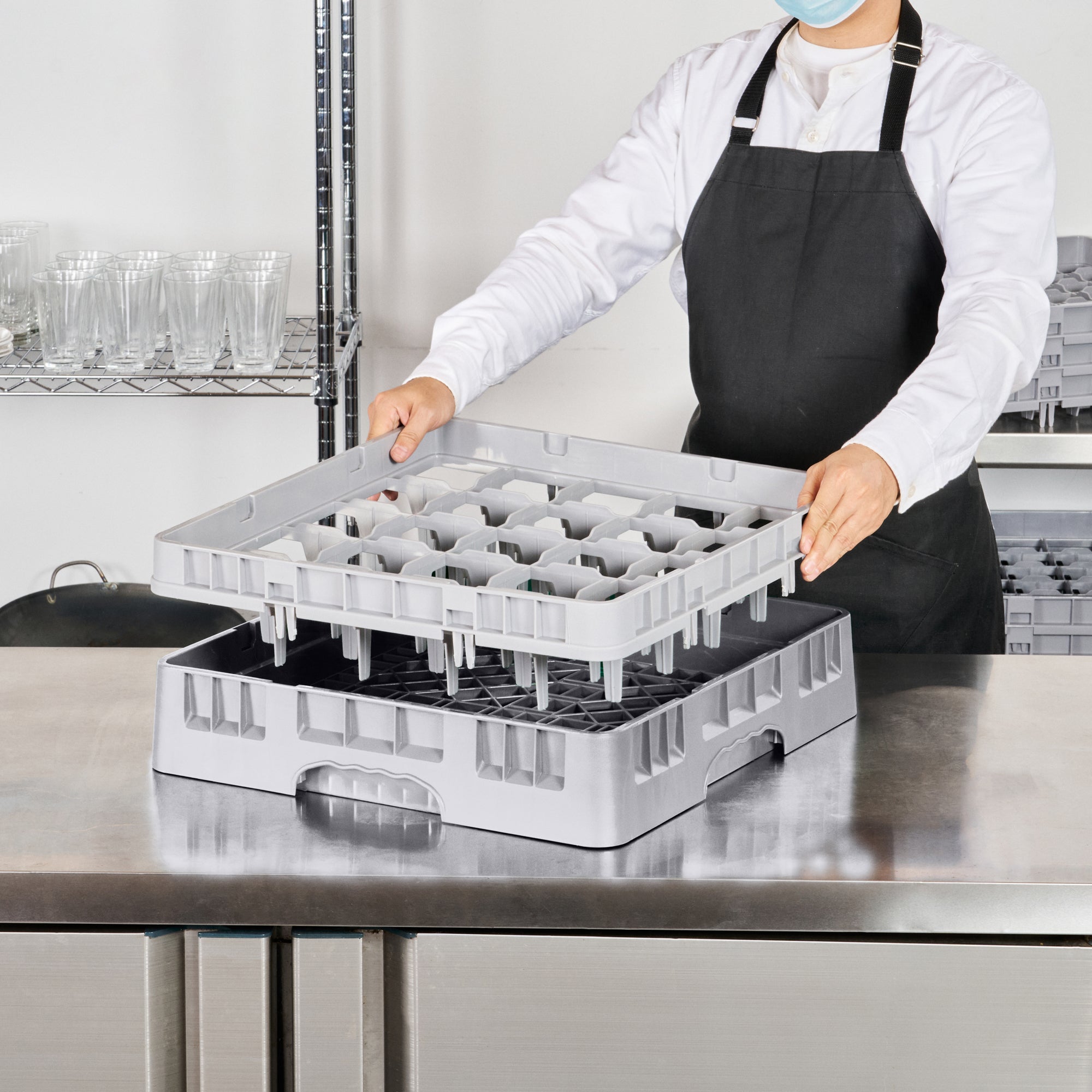 Clean Tek Professional Gray Glass Rack - 25 Compartments, 1 Full Drop Extender - 19 3/4" x 19 3/4" x 5 3/4" - 1 count box