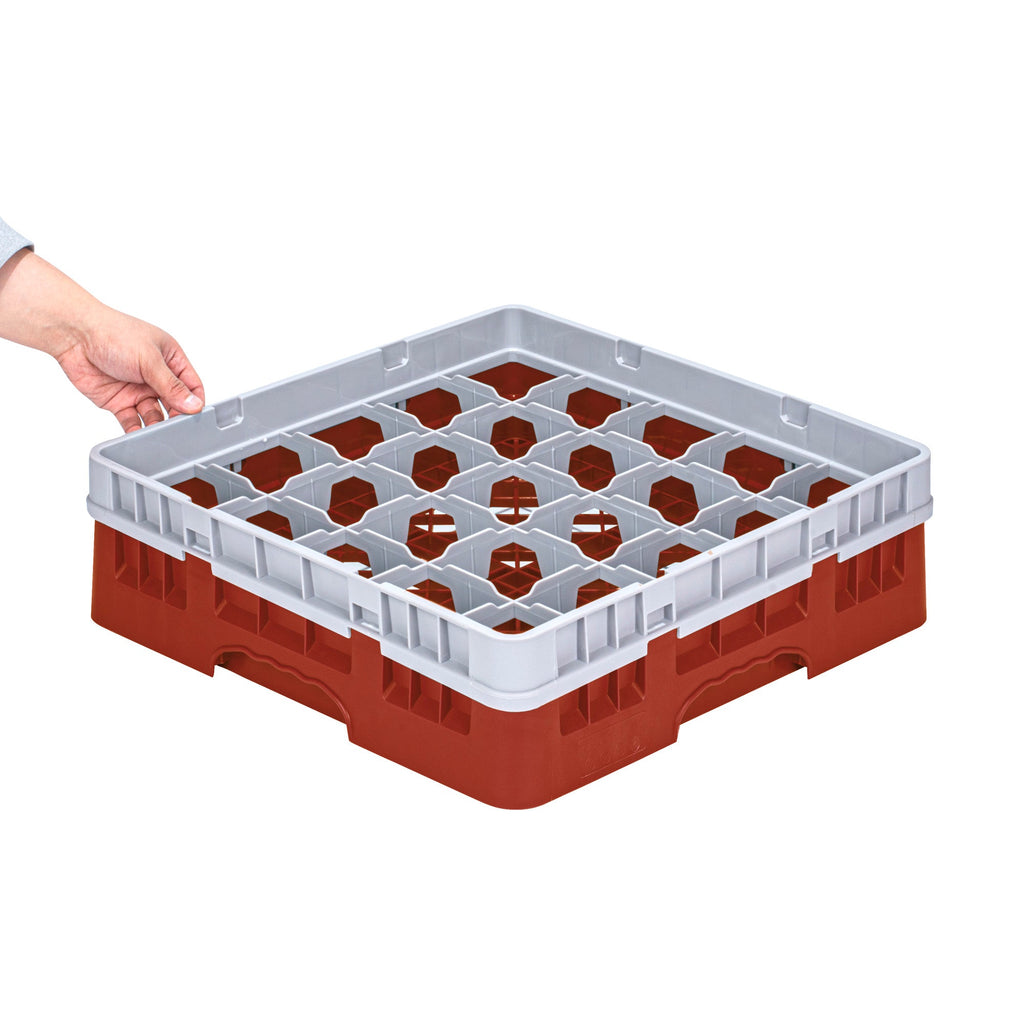 Clean Tek Professional Red Glass Rack - 25 Compartments, 1 Full Drop Extender - 19 3/4" x 19 3/4" x 5 3/4" - 1 count box