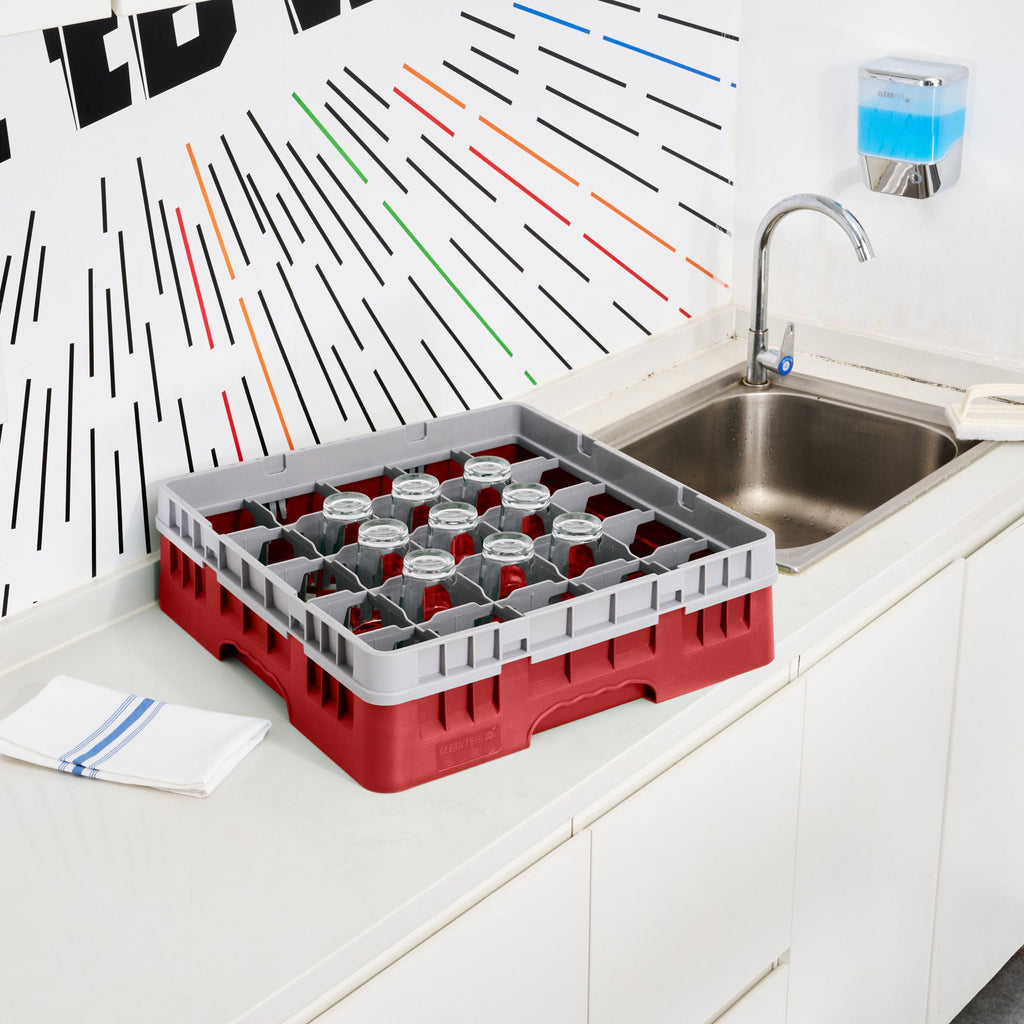 Clean Tek Professional Red Glass Rack - 25 Compartments, 1 Full Drop Extender - 19 3/4" x 19 3/4" x 5 3/4" - 1 count box