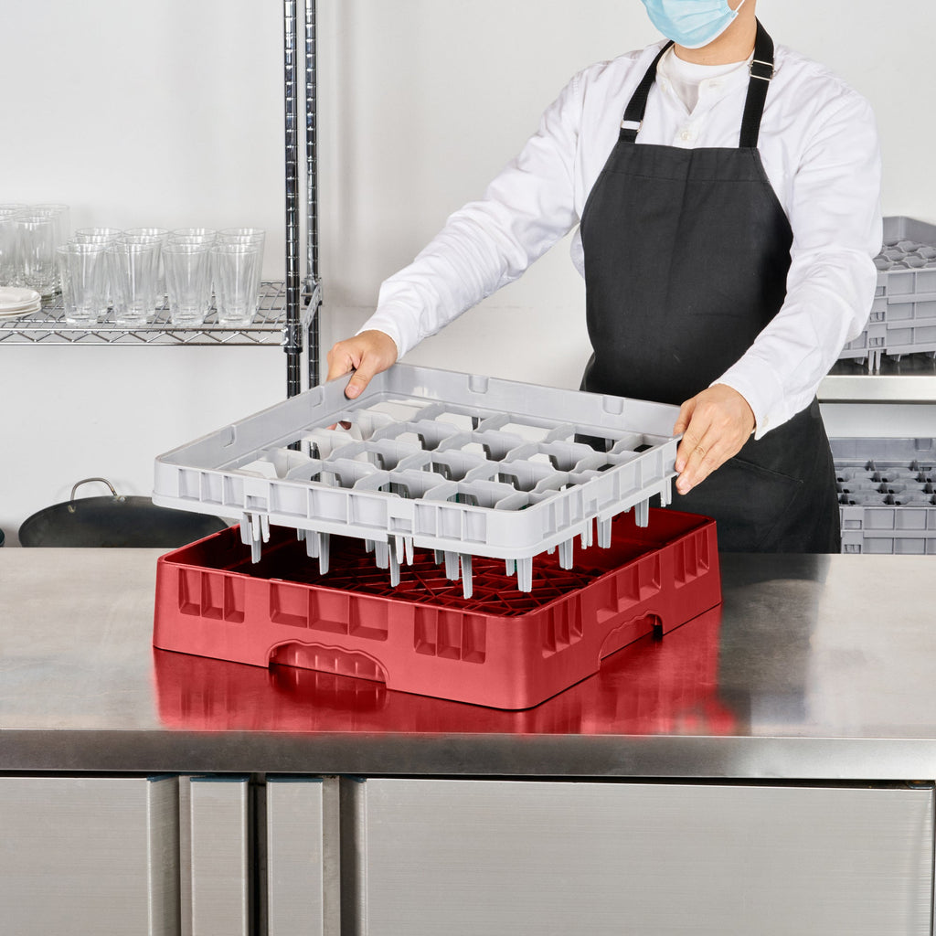 Clean Tek Professional Red Glass Rack - 25 Compartments, 1 Full Drop Extender - 19 3/4" x 19 3/4" x 5 3/4" - 1 count box