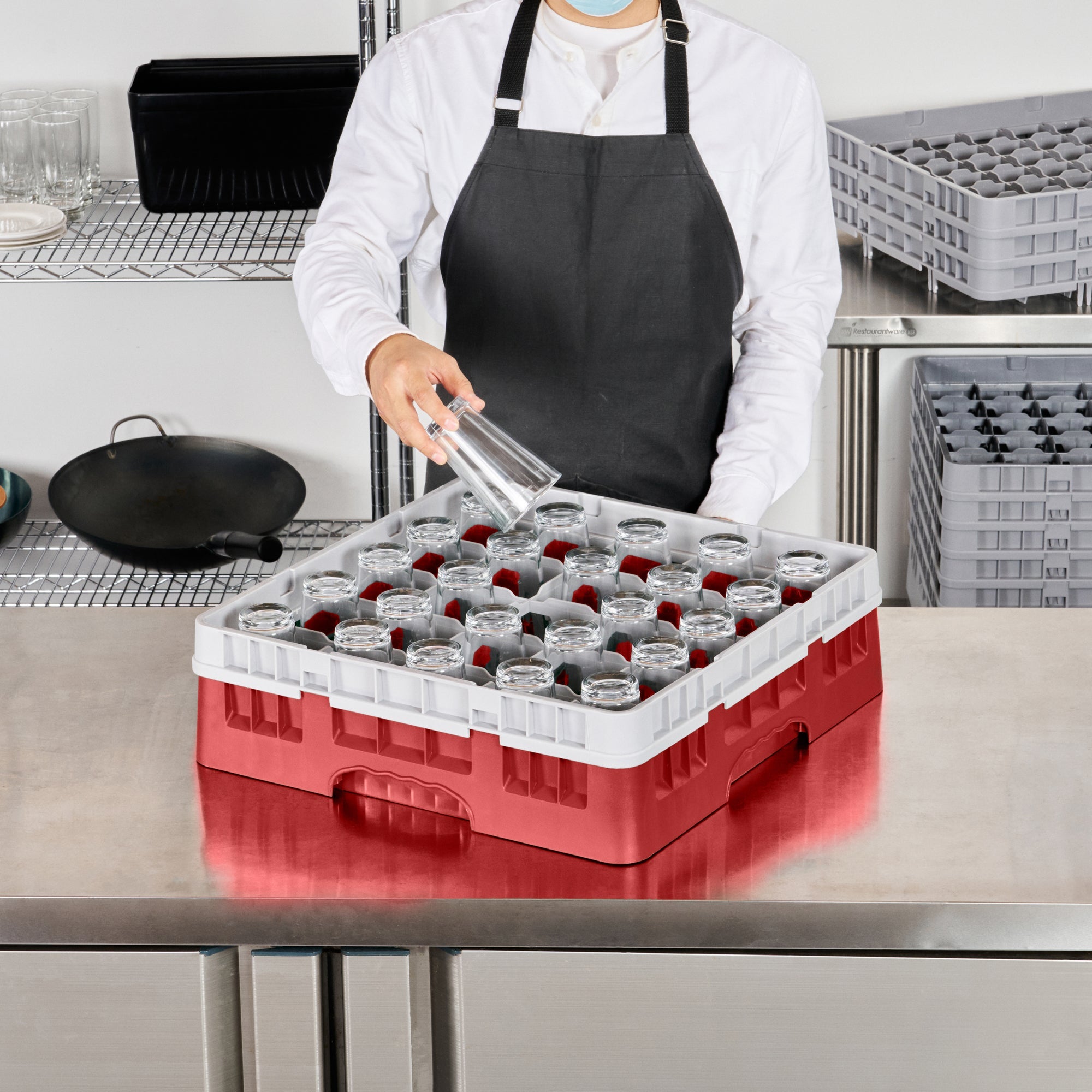 Clean Tek Professional Red Glass Rack - 25 Compartments, 1 Full Drop Extender - 19 3/4" x 19 3/4" x 5 3/4" - 1 count box