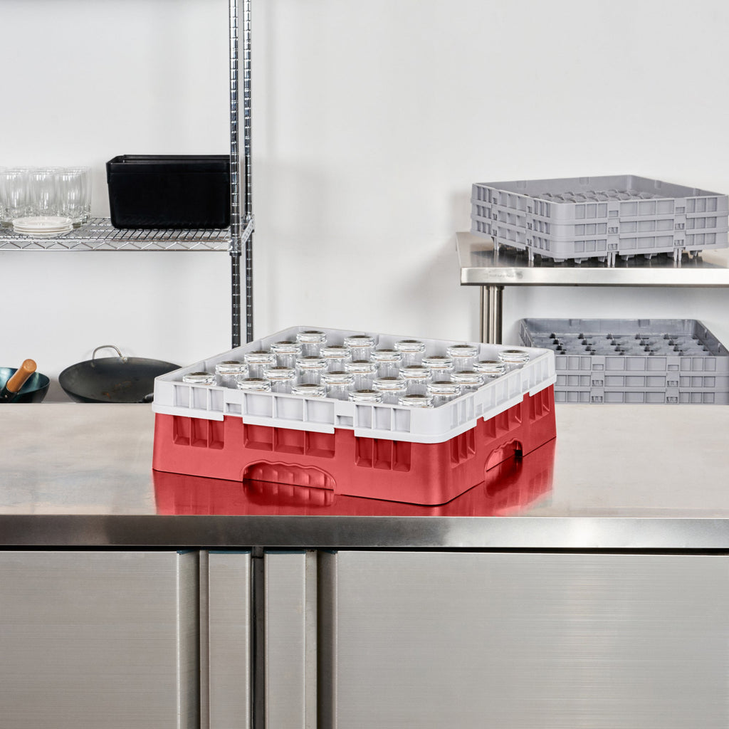 Clean Tek Professional Red Glass Rack - 25 Compartments, 1 Full Drop Extender - 19 3/4" x 19 3/4" x 5 3/4" - 1 count box