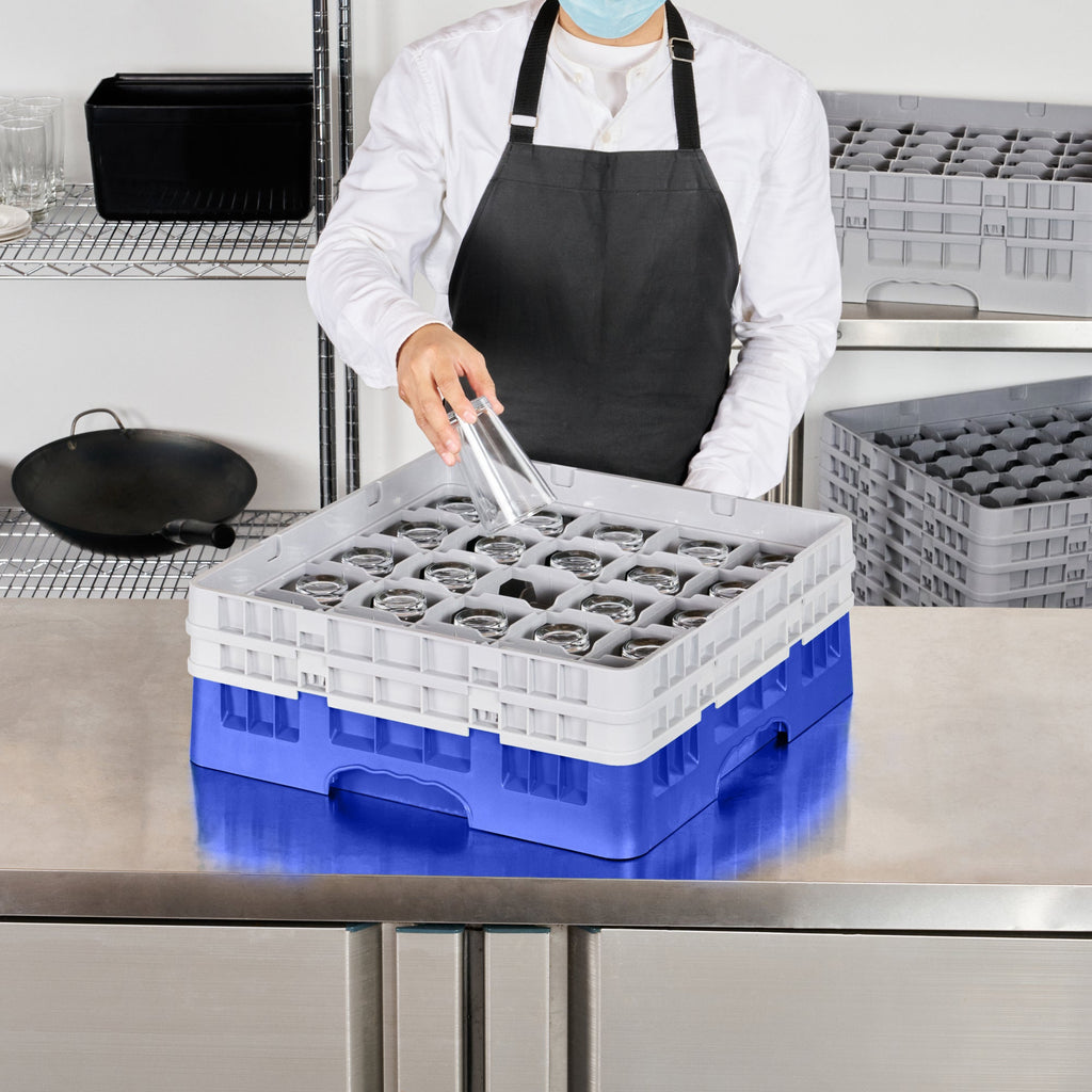 Clean Tek Professional Blue Glass Rack - 25 Compartments, 1 Full Drop and 1 Half Drop Extender - 19 3/4" x 19 3/4" x 7 1/4" - 1 count box