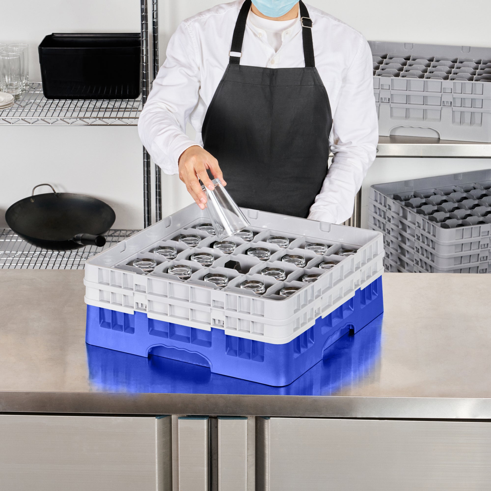 Clean Tek Professional Blue Glass Rack - 25 Compartments, 1 Full Drop and 1 Half Drop Extender - 19 3/4" x 19 3/4" x 7 1/4" - 1 count box