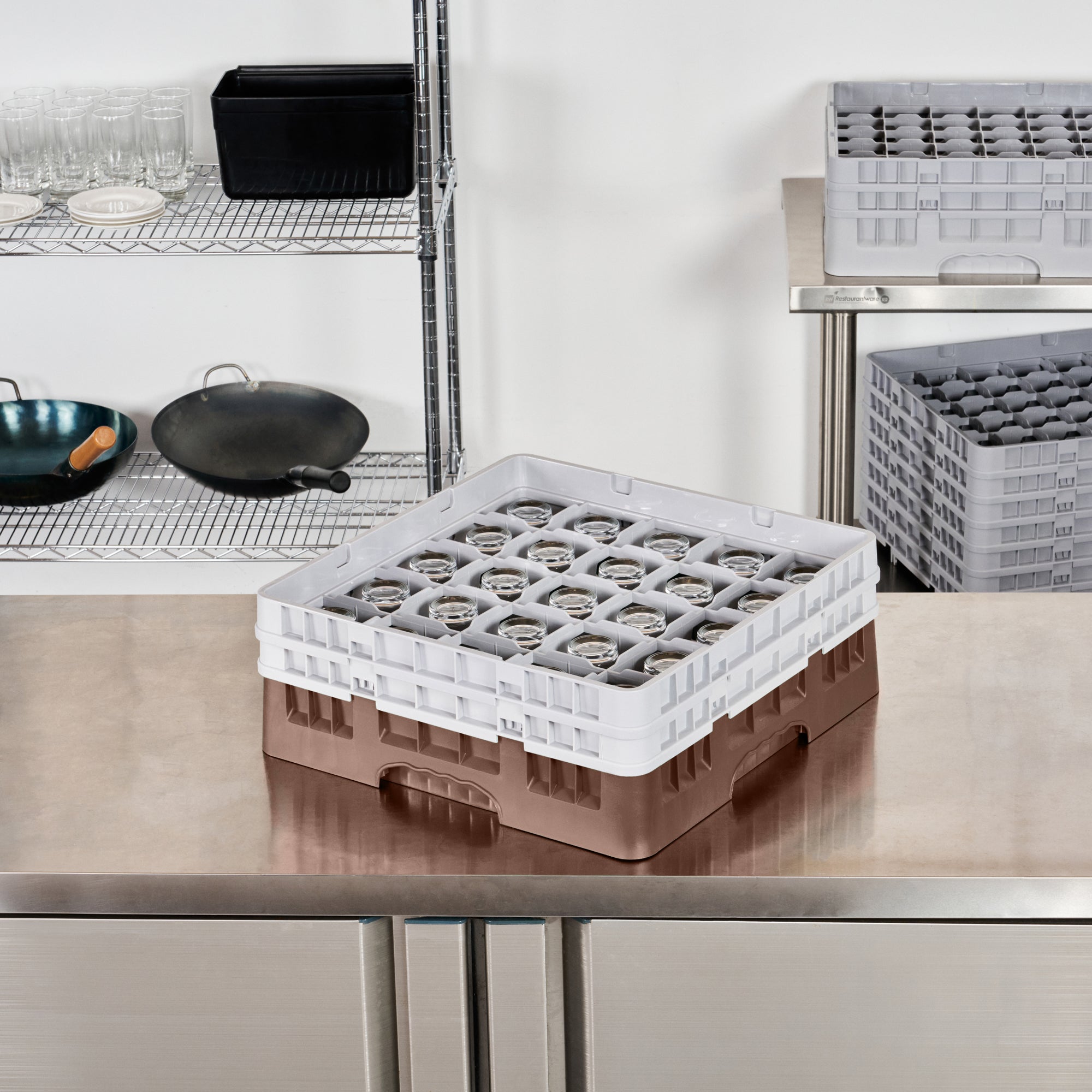 Clean Tek Professional Brown Glass Rack - 25 Compartments, 1 Full Drop and 1 Half Drop Extender - 19 3/4" x 19 3/4" x 7 1/4" - 1 count box