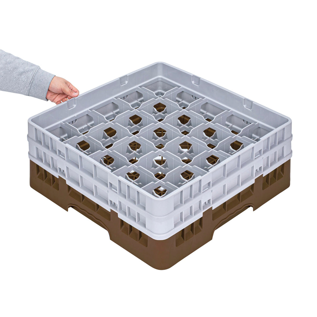 Clean Tek Professional Brown Glass Rack - 25 Compartments, 1 Full Drop and 1 Half Drop Extender - 19 3/4" x 19 3/4" x 7 1/4" - 1 count box