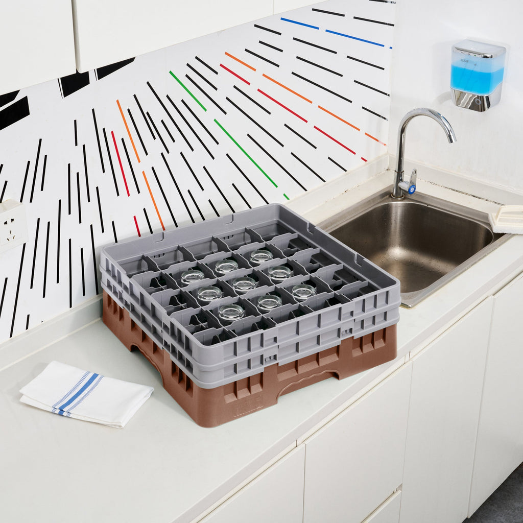 Clean Tek Professional Brown Glass Rack - 25 Compartments, 1 Full Drop and 1 Half Drop Extender - 19 3/4" x 19 3/4" x 7 1/4" - 1 count box