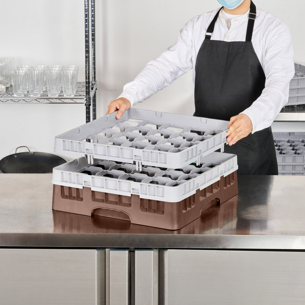 Clean Tek Professional Brown Glass Rack - 25 Compartments, 1 Full Drop and 1 Half Drop Extender - 19 3/4" x 19 3/4" x 7 1/4" - 1 count box