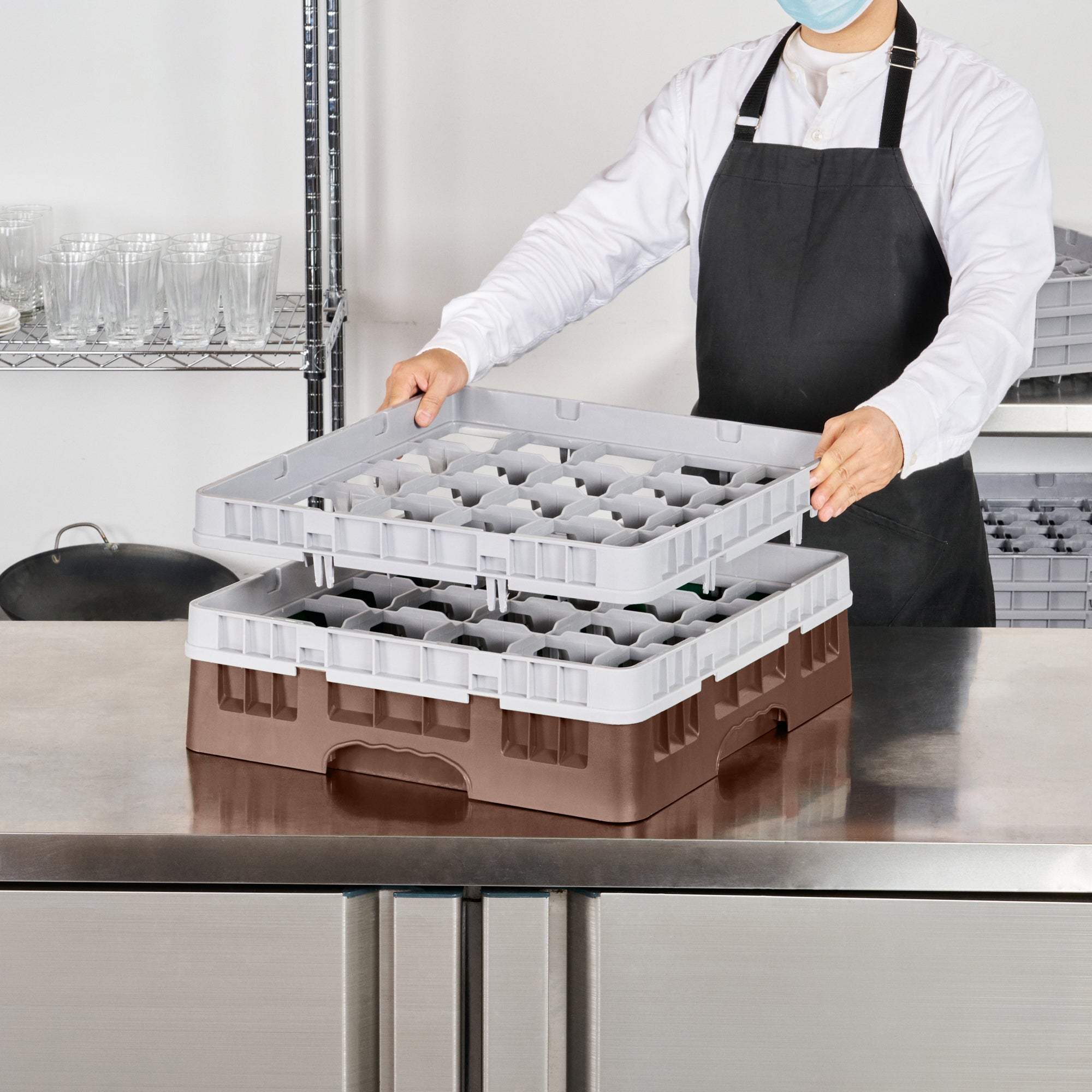Clean Tek Professional Brown Glass Rack - 25 Compartments, 1 Full Drop and 1 Half Drop Extender - 19 3/4" x 19 3/4" x 7 1/4" - 1 count box