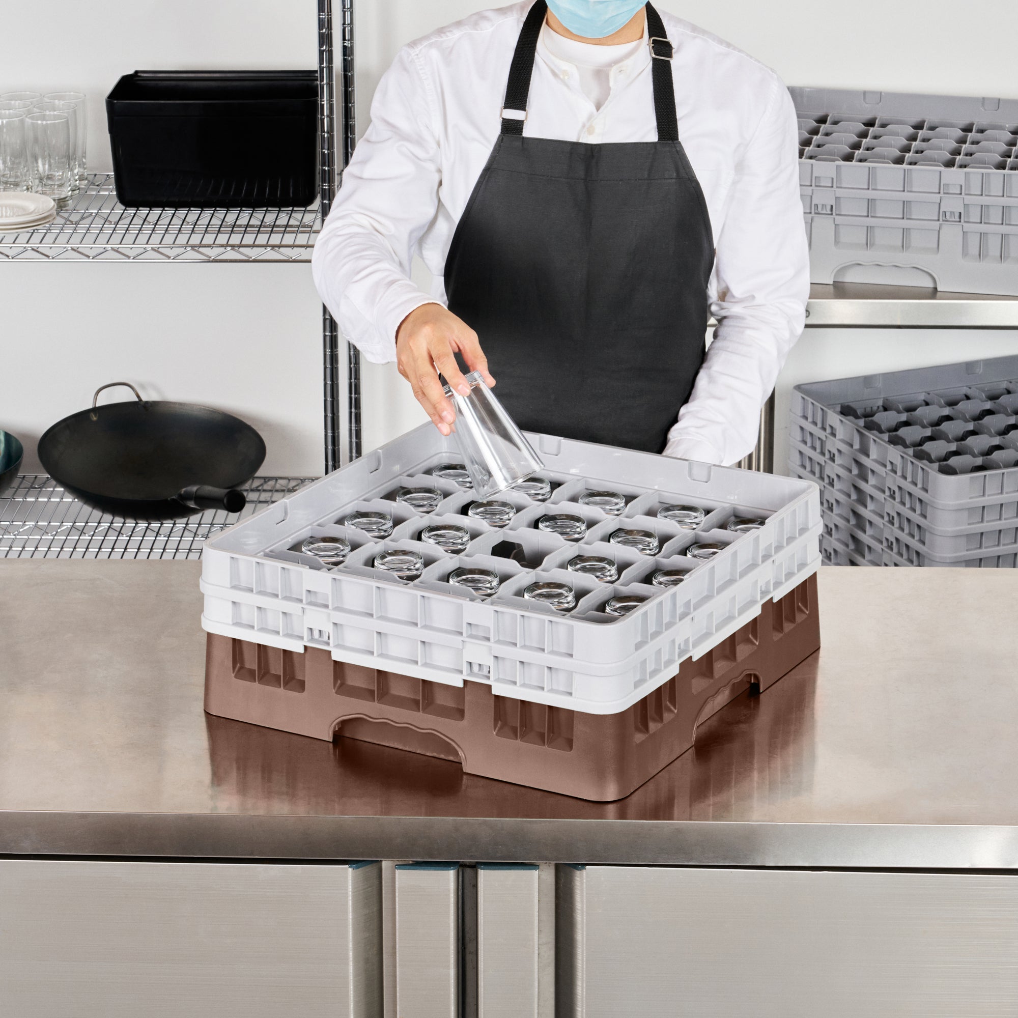 Clean Tek Professional Brown Glass Rack - 25 Compartments, 1 Full Drop and 1 Half Drop Extender - 19 3/4" x 19 3/4" x 7 1/4" - 1 count box