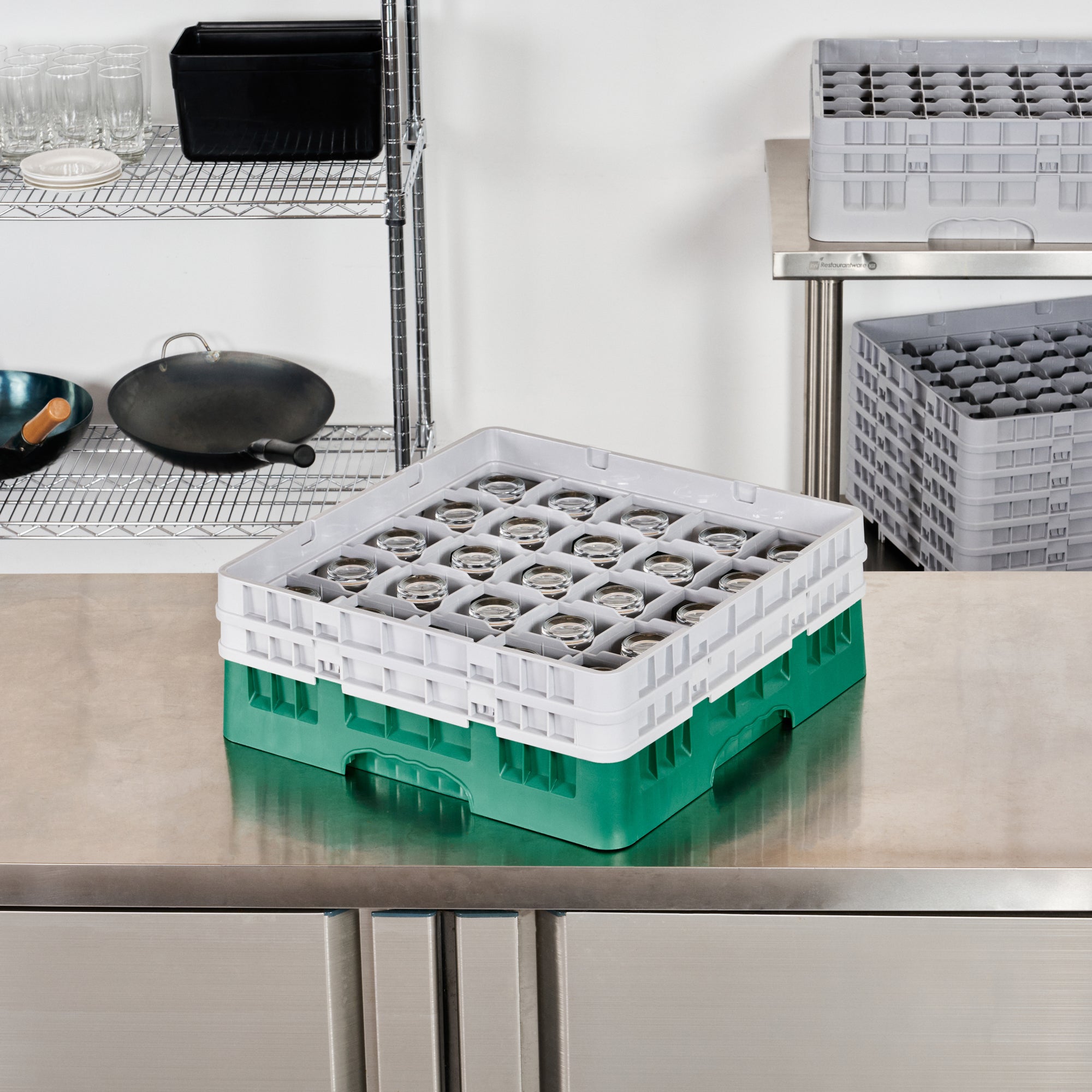 Clean Tek Professional Green Glass Rack - 25 Compartments, 1 Full Drop and 1 Half Drop Extender - 19 3/4" x 19 3/4" x 7 1/4" - 1 count box