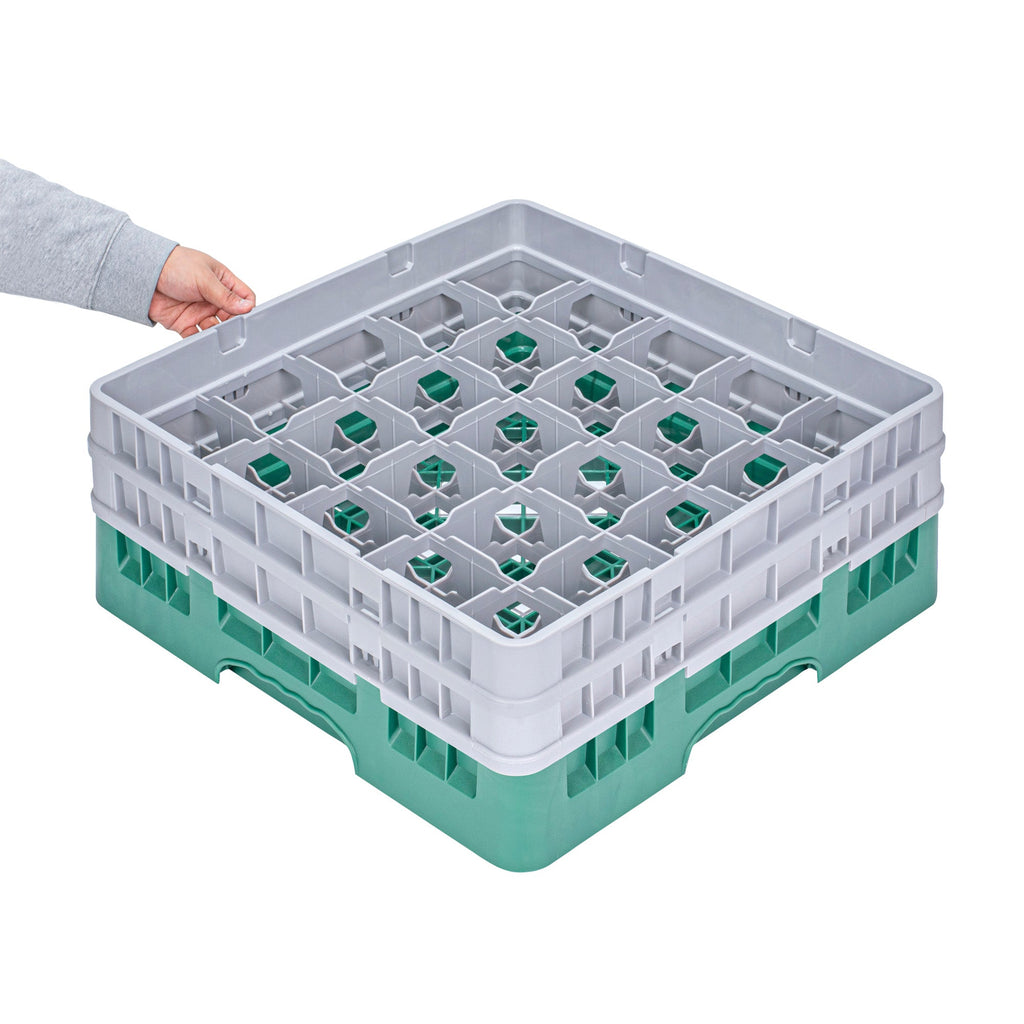 Clean Tek Professional Green Glass Rack - 25 Compartments, 1 Full Drop and 1 Half Drop Extender - 19 3/4" x 19 3/4" x 7 1/4" - 1 count box