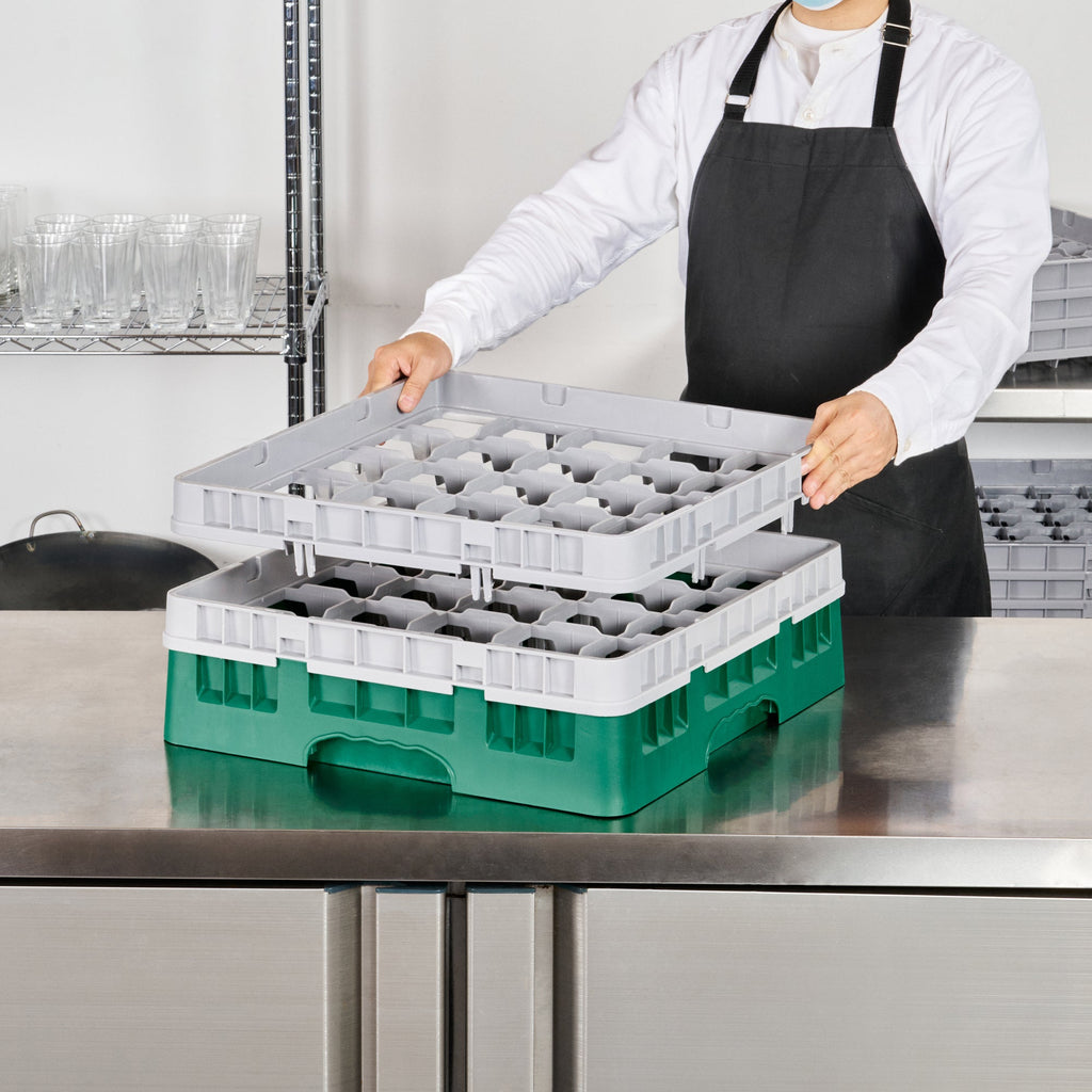 Clean Tek Professional Green Glass Rack - 25 Compartments, 1 Full Drop and 1 Half Drop Extender - 19 3/4" x 19 3/4" x 7 1/4" - 1 count box