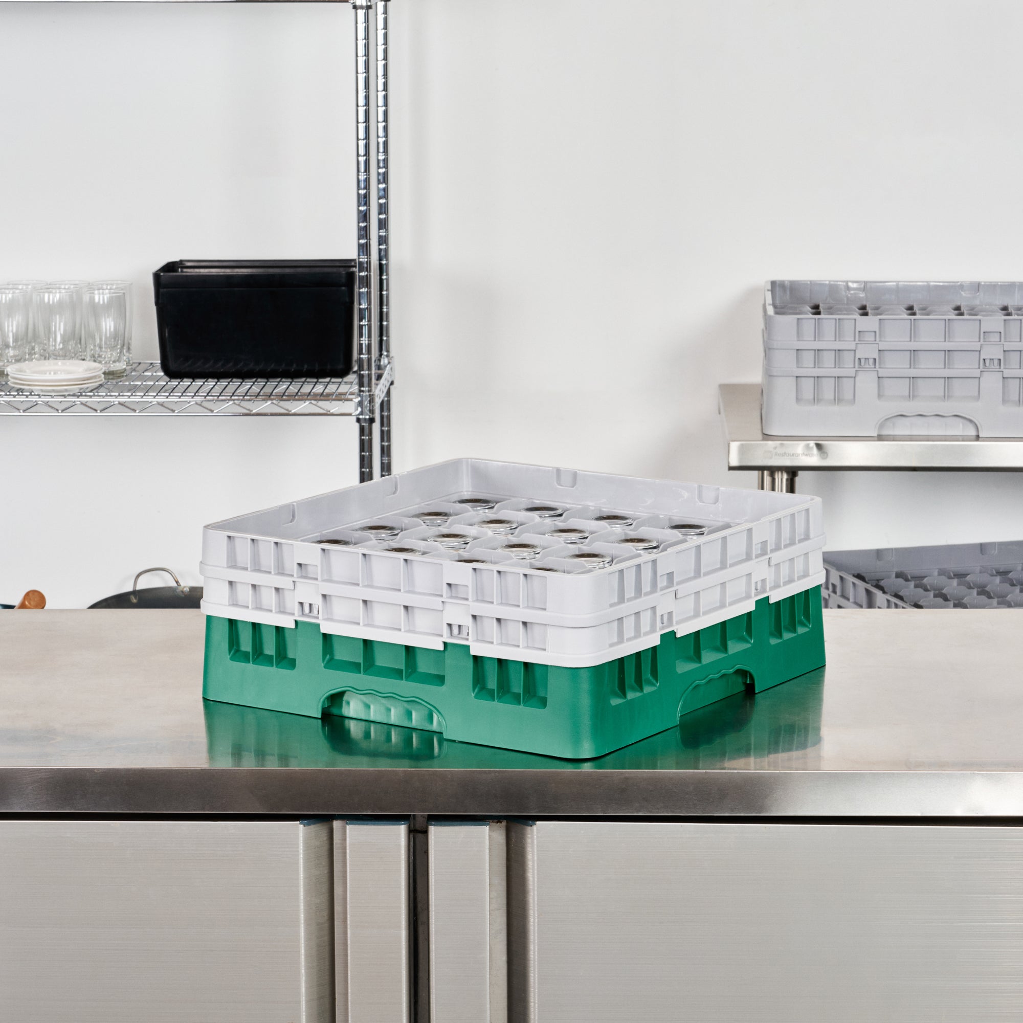 Clean Tek Professional Green Glass Rack - 25 Compartments, 1 Full Drop and 1 Half Drop Extender - 19 3/4" x 19 3/4" x 7 1/4" - 1 count box