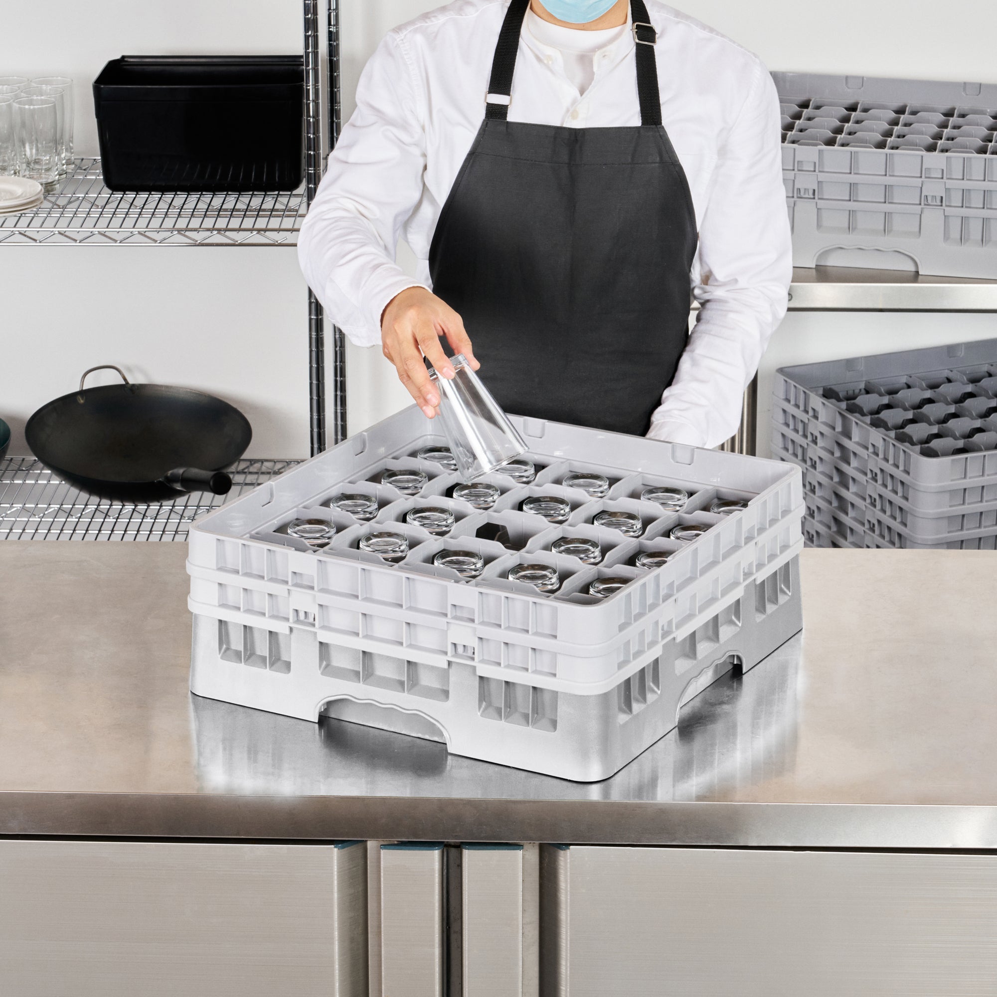 Clean Tek Professional Gray Glass Rack - 25 Compartments, 1 Full Drop and 1 Half Drop Extender - 19 3/4" x 19 3/4" x 7 1/4" - 1 count box