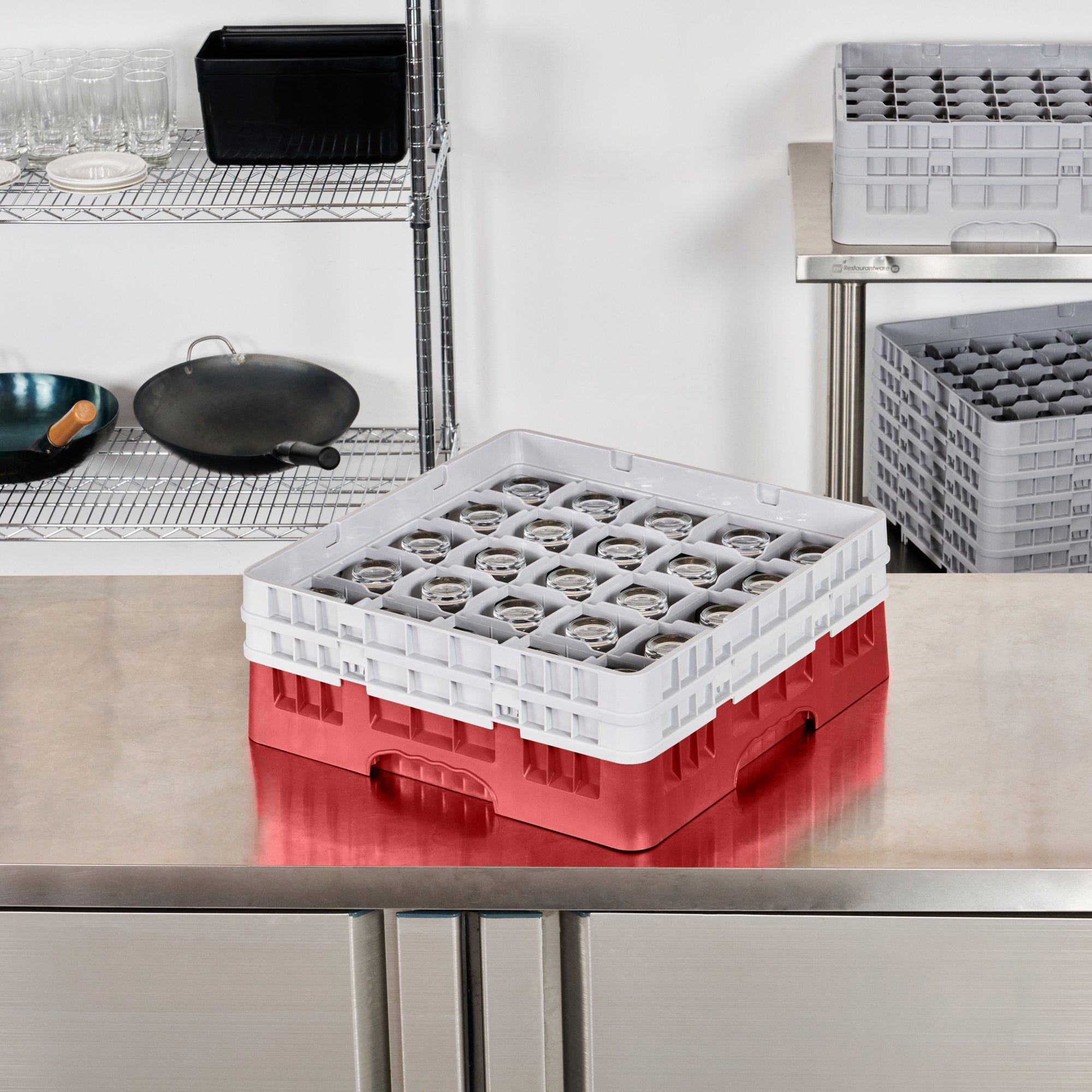 Clean Tek Professional Red Glass Rack - 25 Compartments, 1 Full Drop and 1 Half Drop Extender - 19 3/4" x 19 3/4" x 7 1/4" - 1 count box