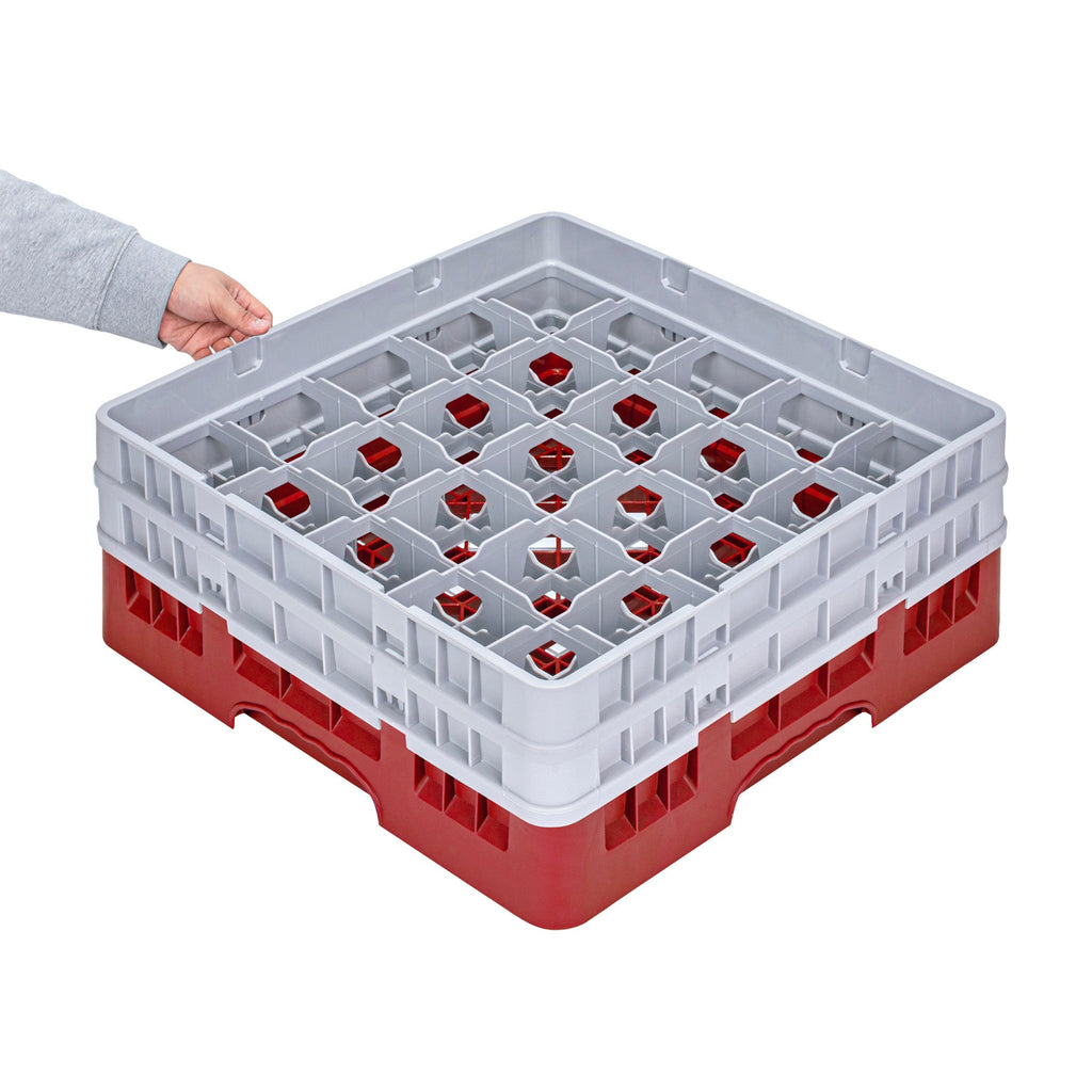 Clean Tek Professional Red Glass Rack - 25 Compartments, 1 Full Drop and 1 Half Drop Extender - 19 3/4" x 19 3/4" x 7 1/4" - 1 count box