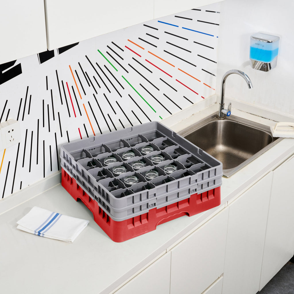 Clean Tek Professional Red Glass Rack - 25 Compartments, 1 Full Drop and 1 Half Drop Extender - 19 3/4" x 19 3/4" x 7 1/4" - 1 count box