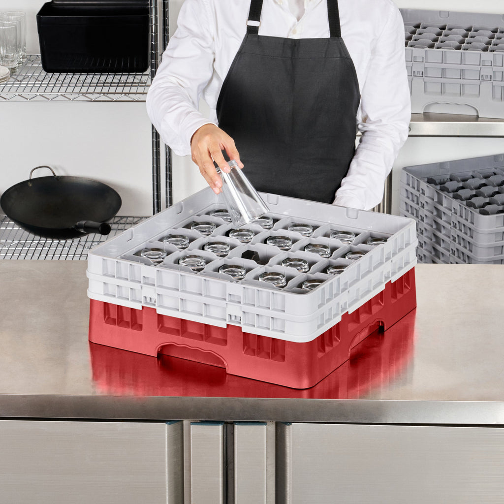 Clean Tek Professional Red Glass Rack - 25 Compartments, 1 Full Drop and 1 Half Drop Extender - 19 3/4" x 19 3/4" x 7 1/4" - 1 count box
