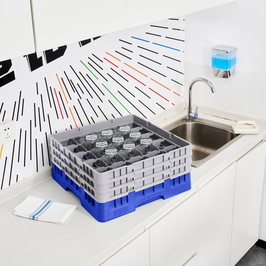 Clean Tek Professional Blue Glass Rack - 25 Compartments, 1 Full Drop and 2 Half Drop Extenders - 19 3/4" x 19 3/4" x 8 3/4" - 1 count box