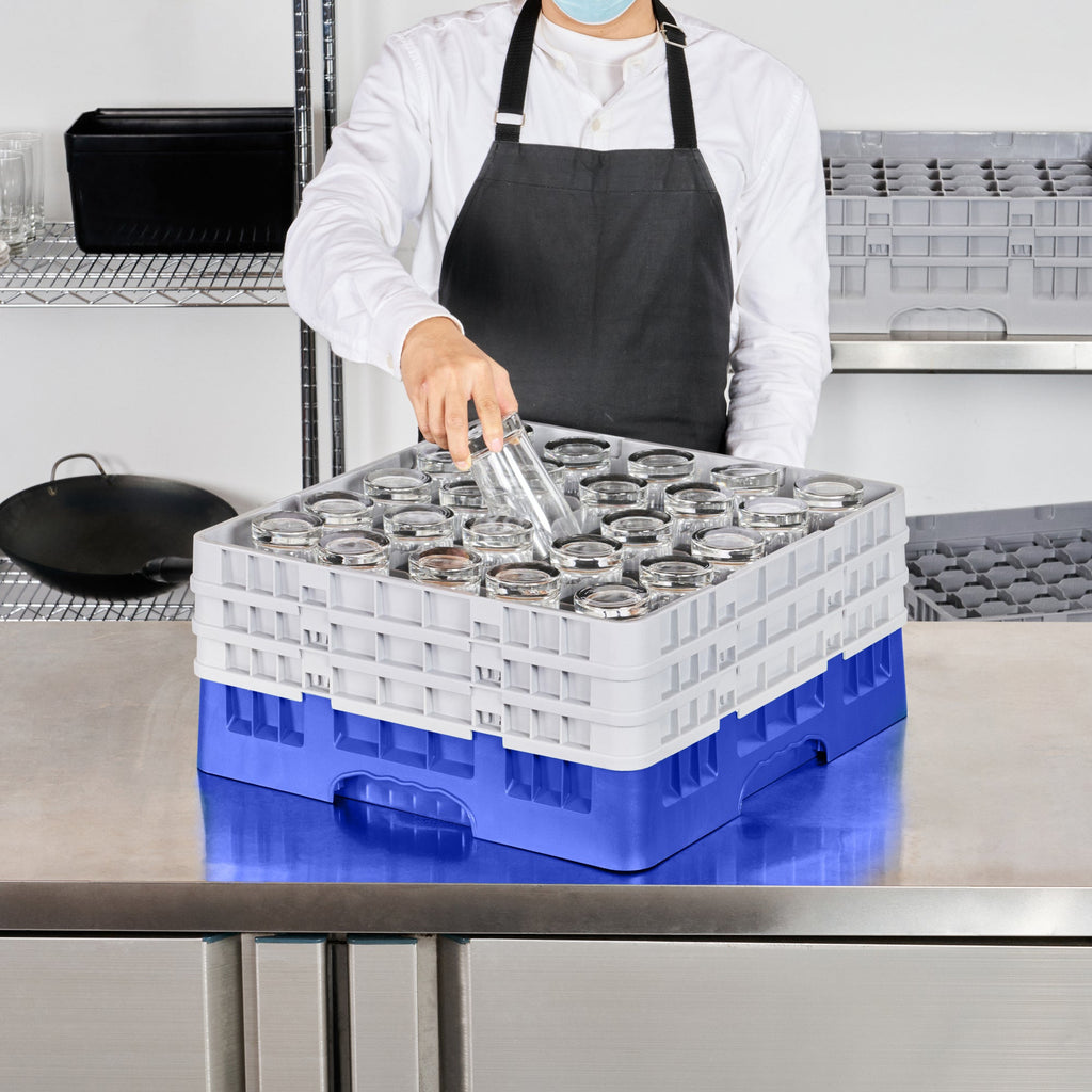 Clean Tek Professional Blue Glass Rack - 25 Compartments, 1 Full Drop and 2 Half Drop Extenders - 19 3/4" x 19 3/4" x 8 3/4" - 1 count box