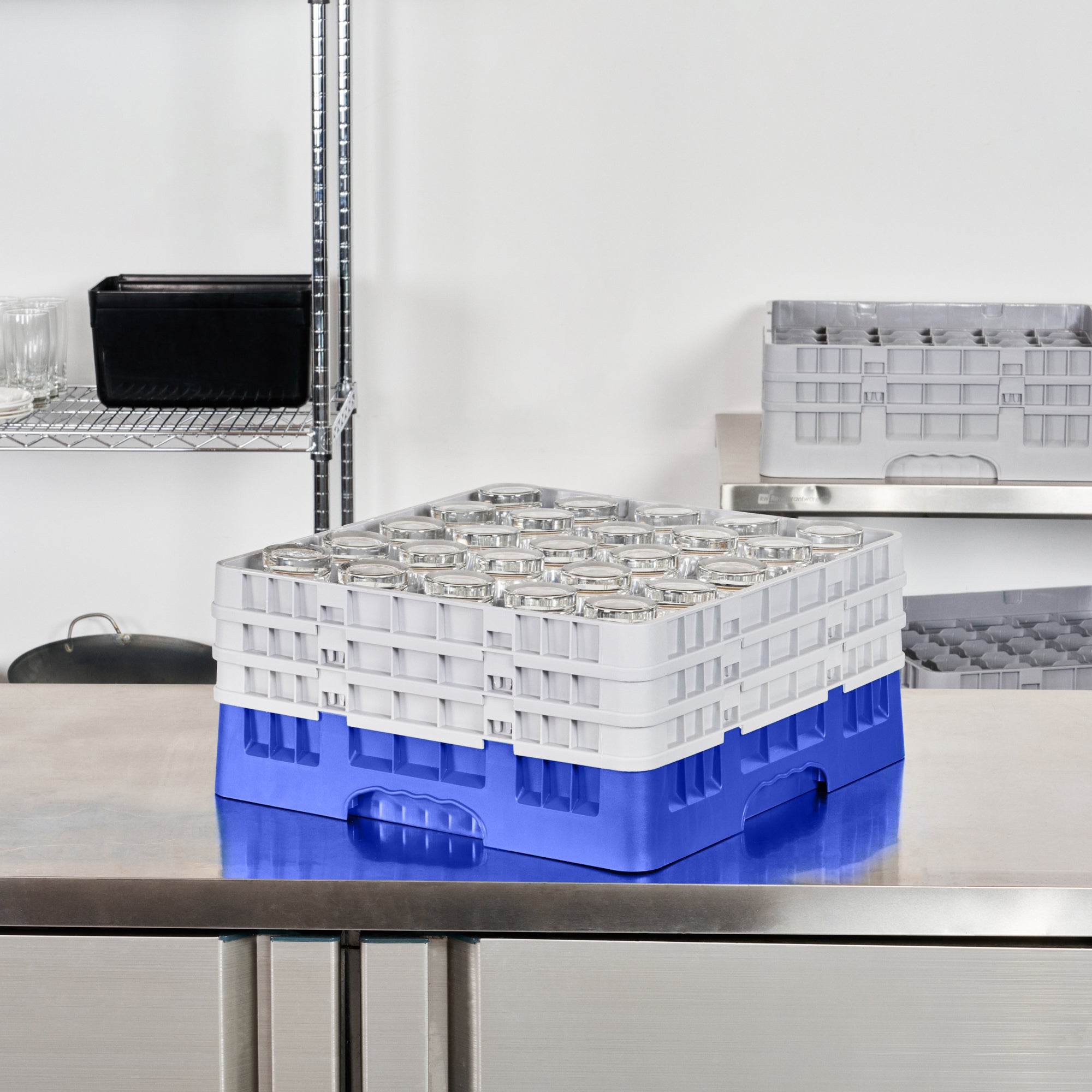 Clean Tek Professional Blue Glass Rack - 25 Compartments, 1 Full Drop and 2 Half Drop Extenders - 19 3/4" x 19 3/4" x 8 3/4" - 1 count box