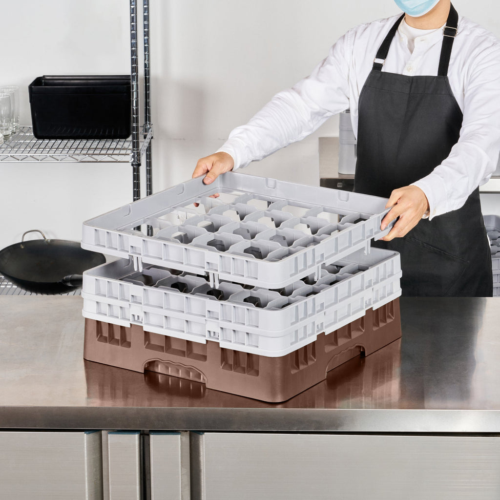 Clean Tek Professional Brown Glass Rack - 25 Compartments, 1 Full Drop and 2 Half Drop Extenders - 19 3/4" x 19 3/4" x 8 3/4" - 1 count box