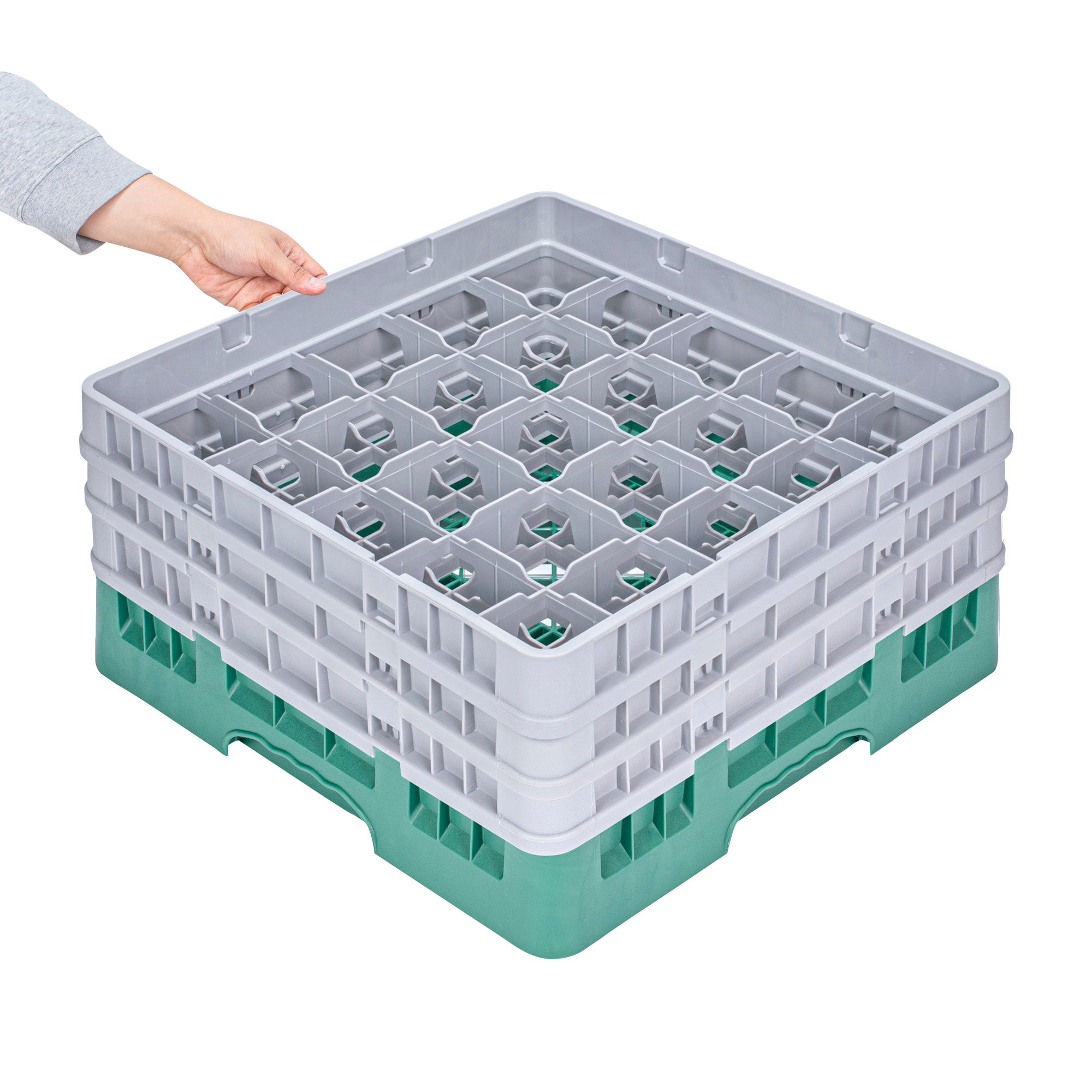 Clean Tek Professional Green Glass Rack - 25 Compartments, 1 Full Drop and 2 Half Drop Extenders - 19 3/4" x 19 3/4" x 8 3/4" - 1 count box