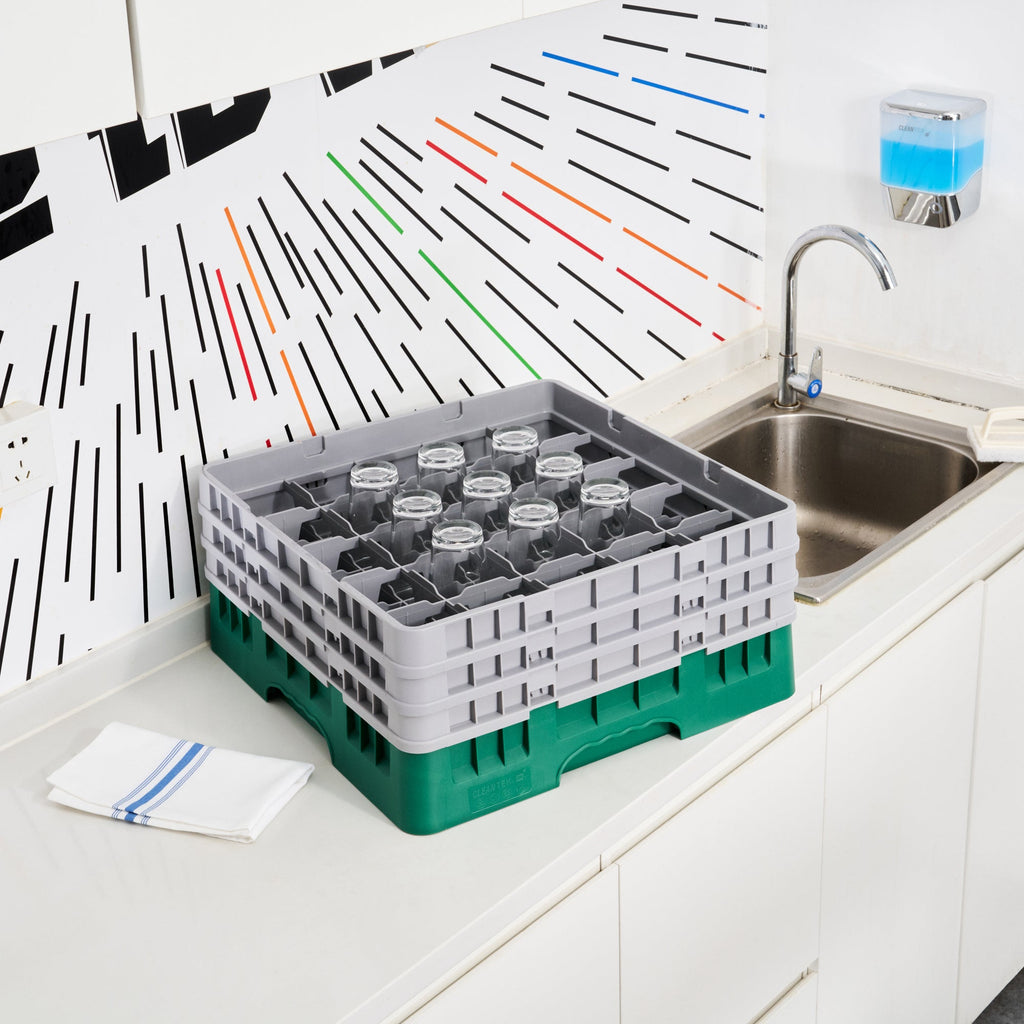 Clean Tek Professional Green Glass Rack - 25 Compartments, 1 Full Drop and 2 Half Drop Extenders - 19 3/4" x 19 3/4" x 8 3/4" - 1 count box