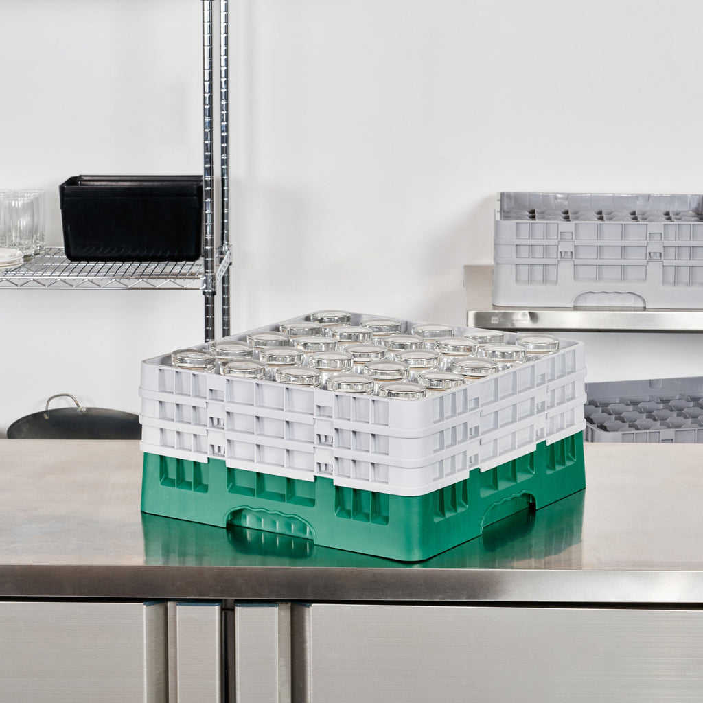 Clean Tek Professional Green Glass Rack - 25 Compartments, 1 Full Drop and 2 Half Drop Extenders - 19 3/4" x 19 3/4" x 8 3/4" - 1 count box