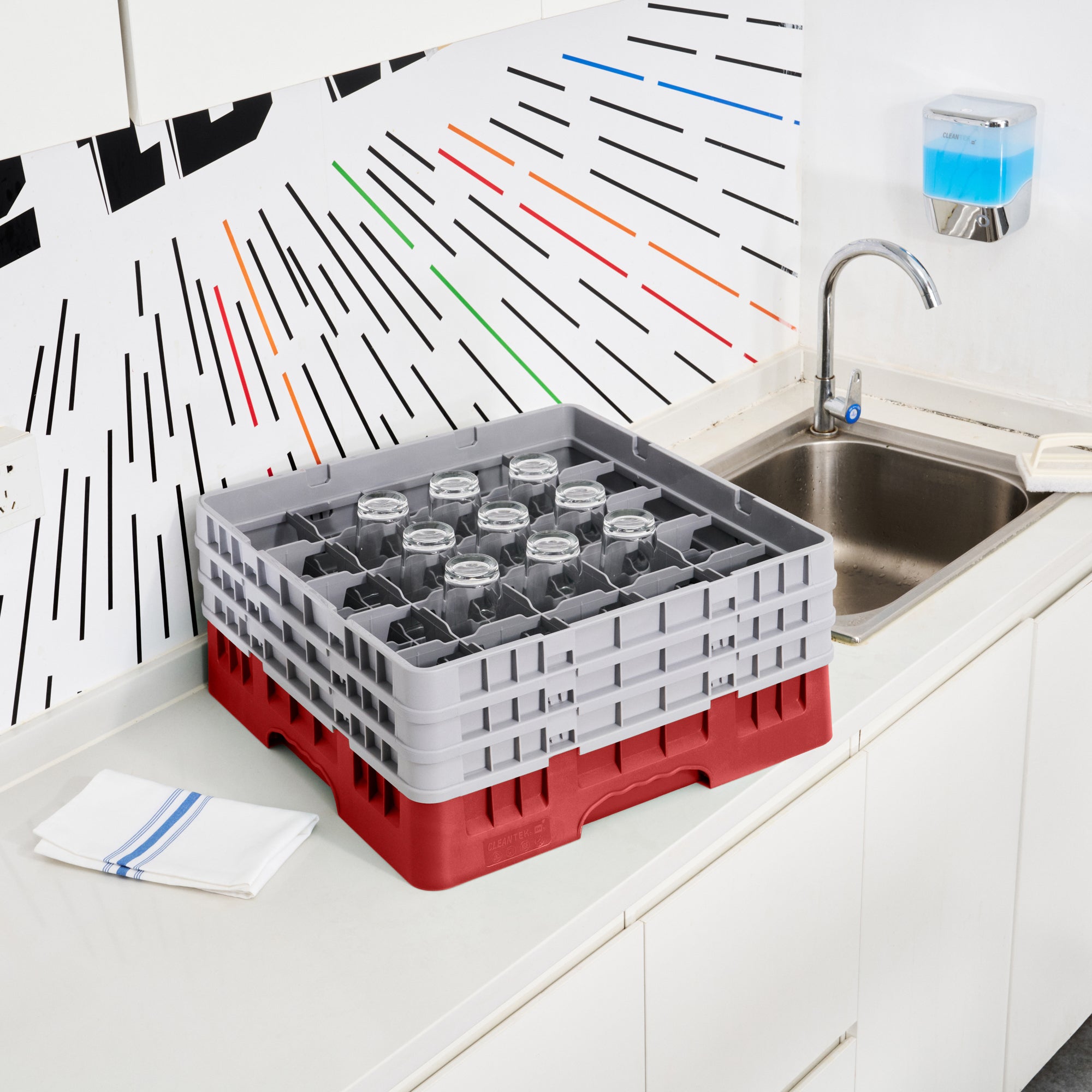 Clean Tek Professional Red Glass Rack - 25 Compartments, 1 Full Drop and 2 Half Drop Extenders - 19 3/4" x 19 3/4" x 8 3/4" - 1 count box