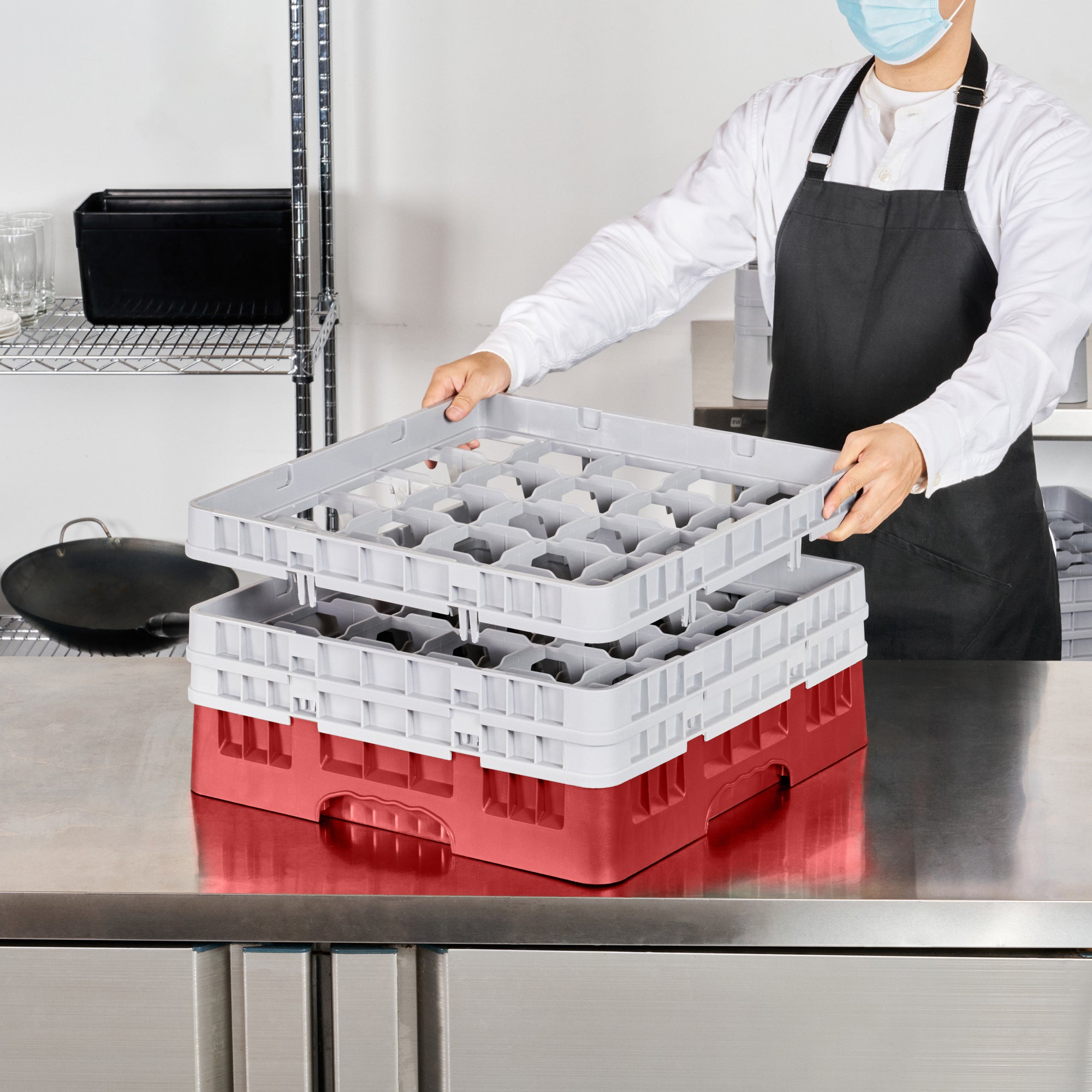 Clean Tek Professional Red Glass Rack - 25 Compartments, 1 Full Drop and 2 Half Drop Extenders - 19 3/4" x 19 3/4" x 8 3/4" - 1 count box