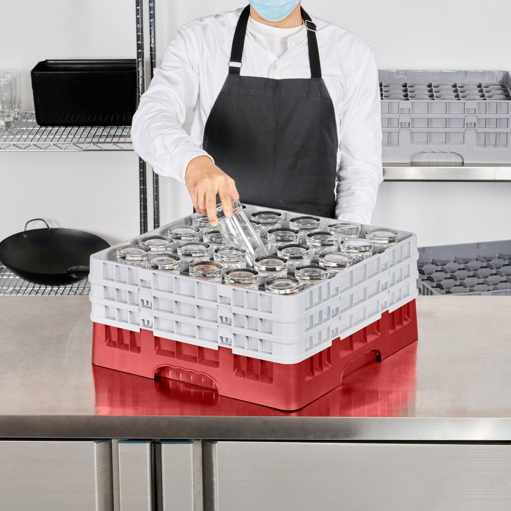 Clean Tek Professional Red Glass Rack - 25 Compartments, 1 Full Drop and 2 Half Drop Extenders - 19 3/4" x 19 3/4" x 8 3/4" - 1 count box