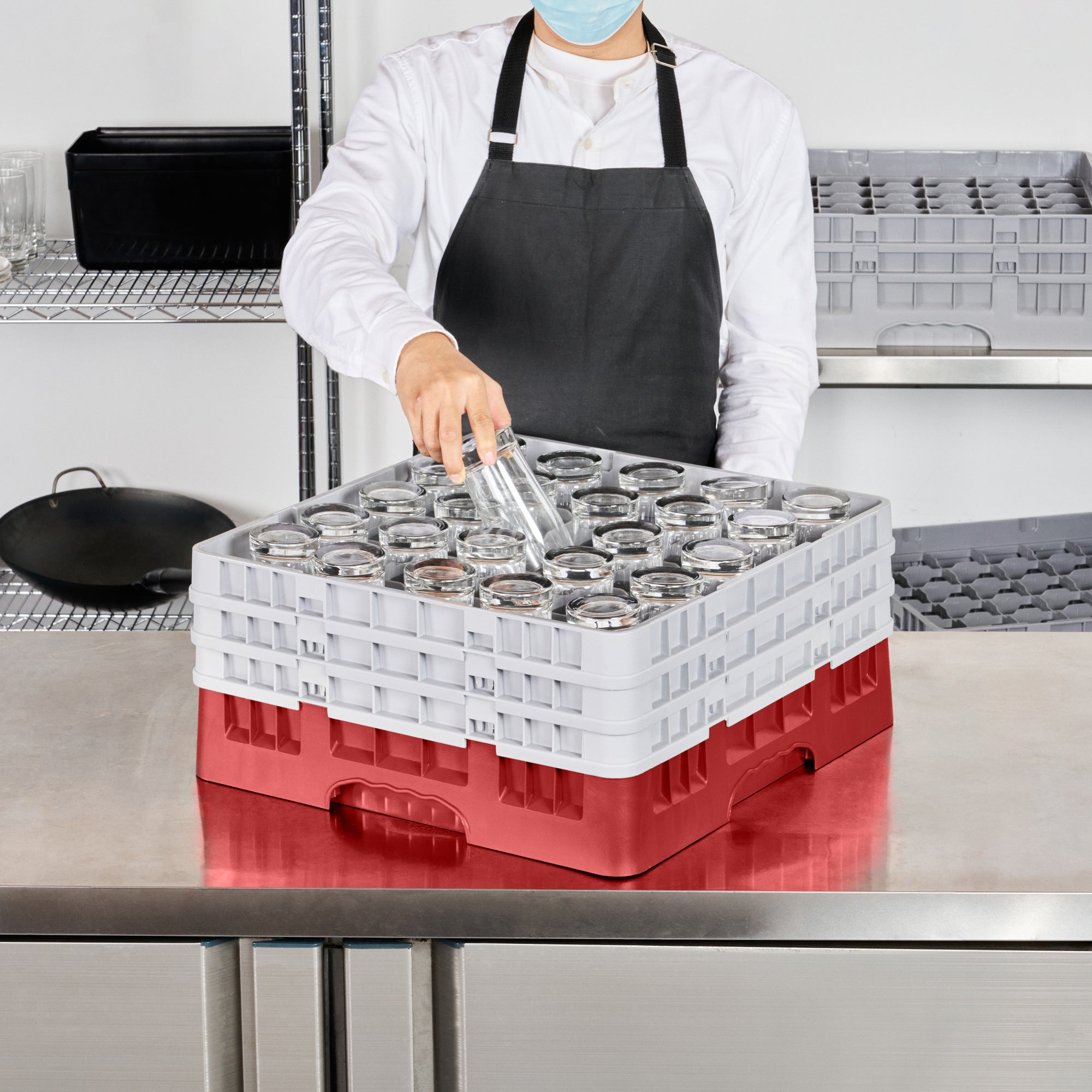 Clean Tek Professional Red Glass Rack - 25 Compartments, 1 Full Drop and 2 Half Drop Extenders - 19 3/4" x 19 3/4" x 8 3/4" - 1 count box