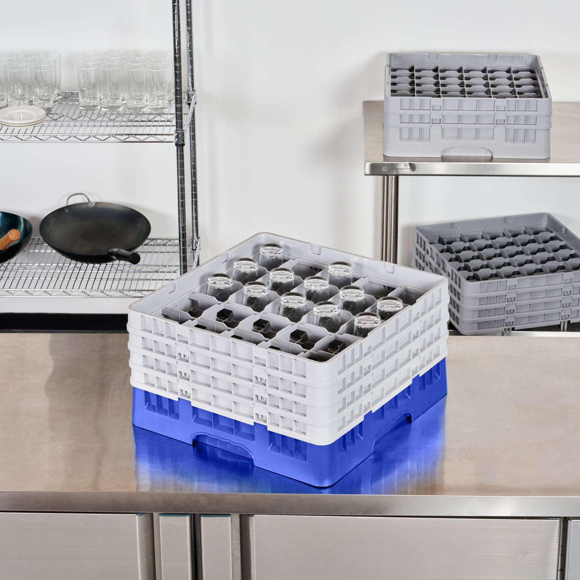 Clean Tek Professional Blue Glass Rack - 25 Compartments, 1 Full Drop and 3 Half Drop Extenders - 19 3/4" x 19 3/4" x 10 1/2" - 1 count box